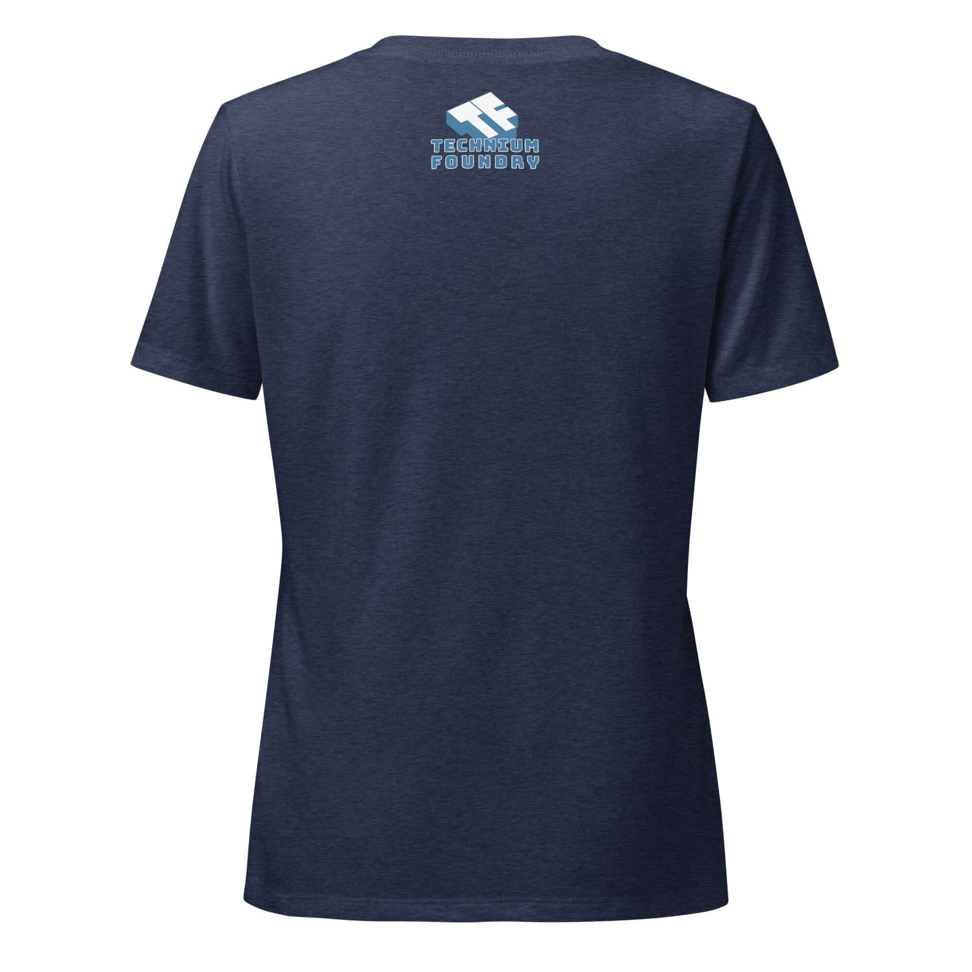 Back view of a navy blue T-shirt featuring the "Technician Foundry" logo in light blue on the upper back.
