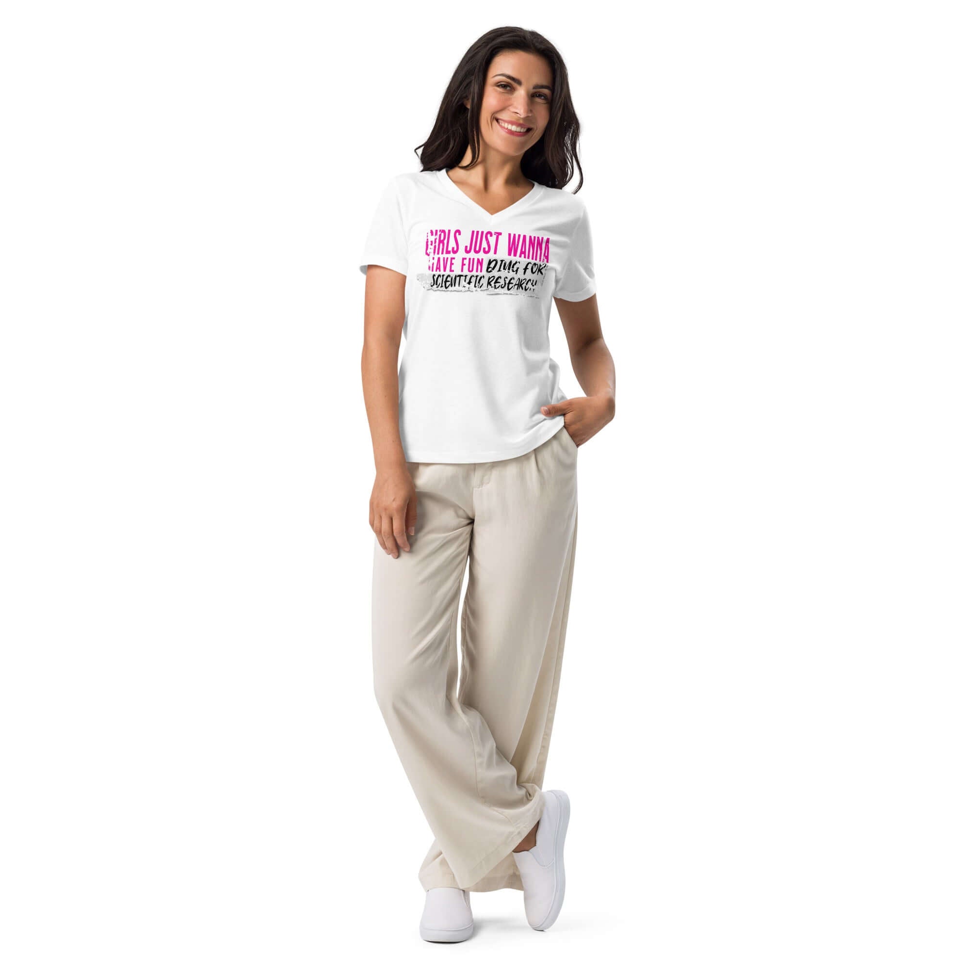 Model wearing Girls Just Wanna Do Science T-shirt with pink and black text, blending pop culture and science fashion.