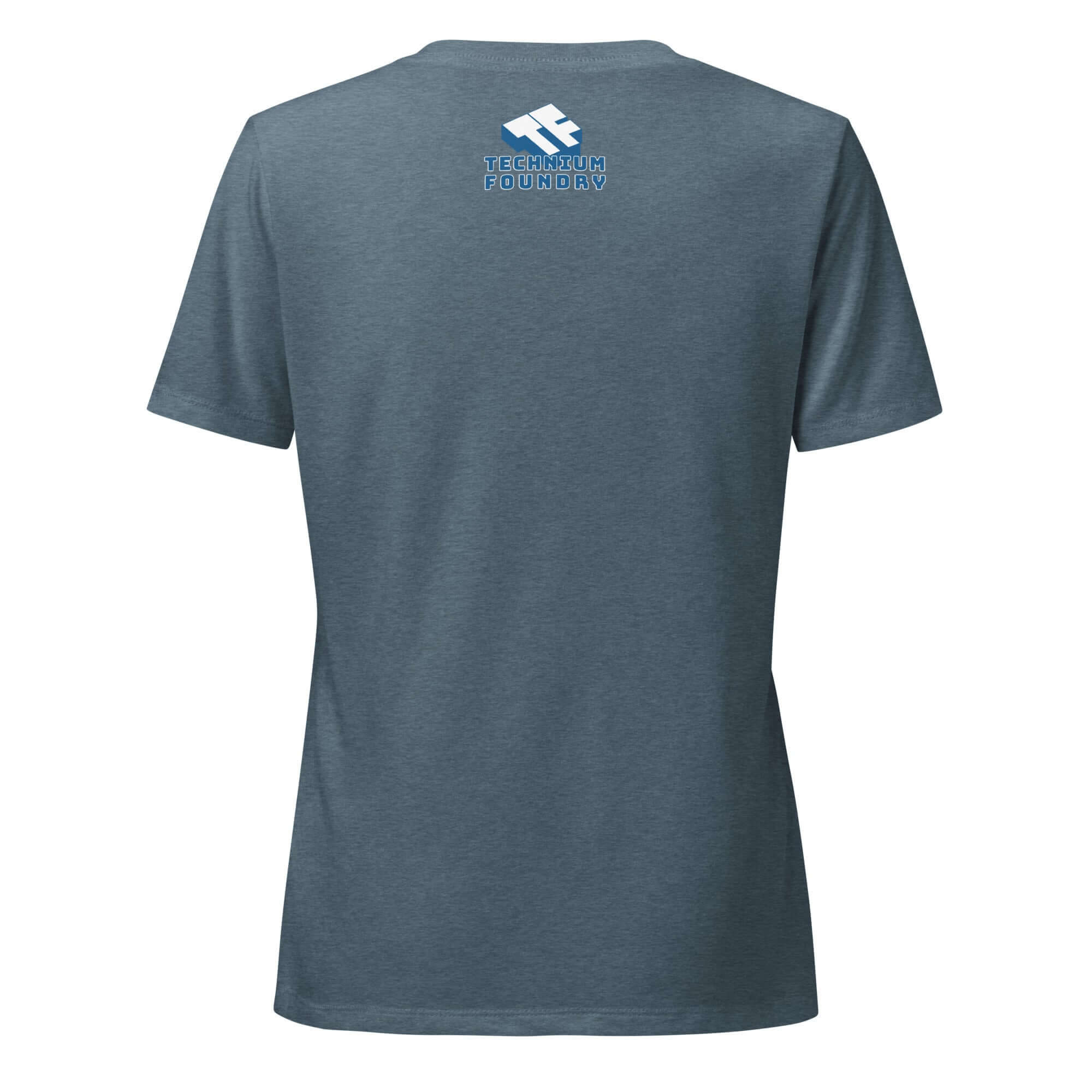 Back view of a blue women's T-shirt with Technimun Foundry logo near the neckline.