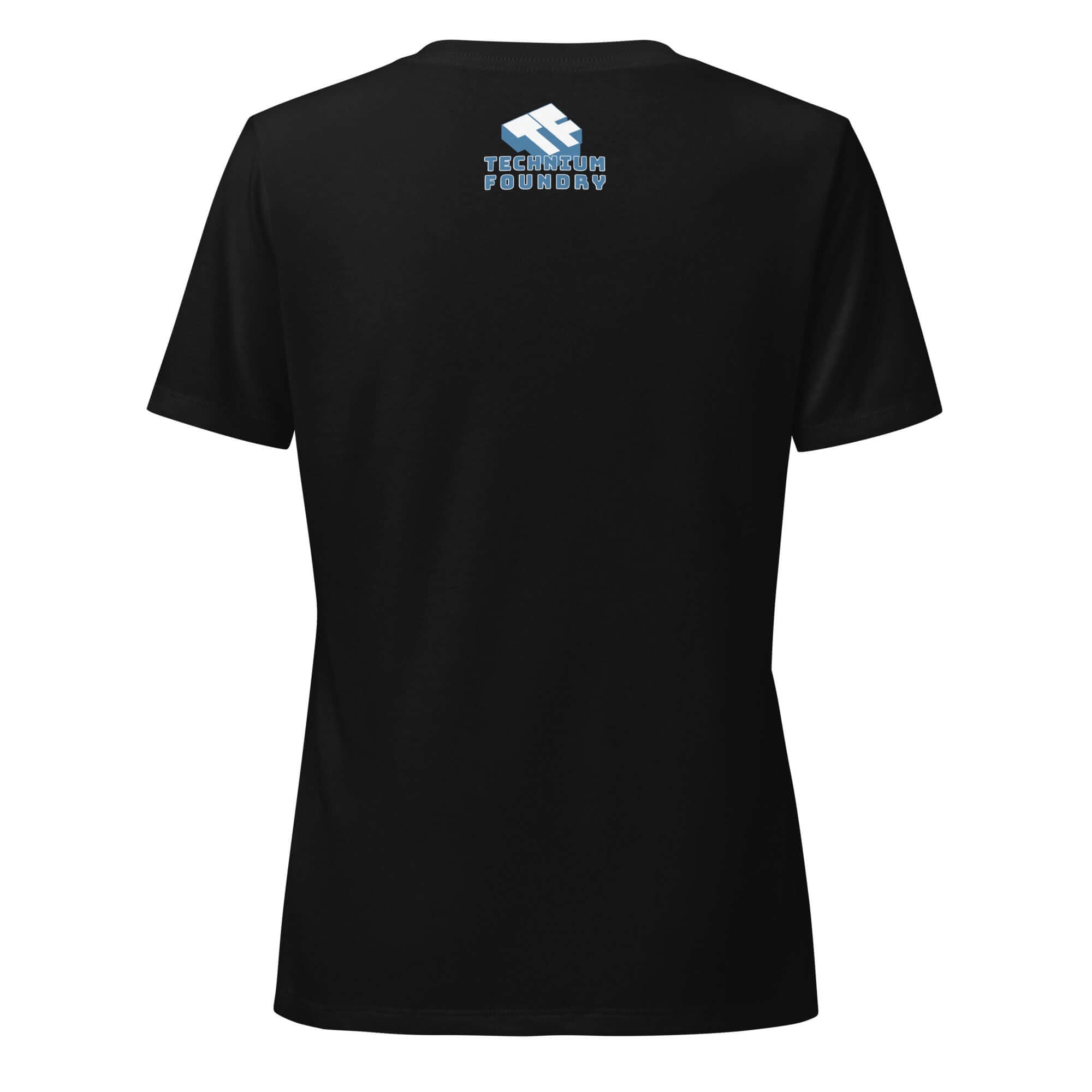 Black T-shirt back view with 'Techwear Foundry' logo in blue.