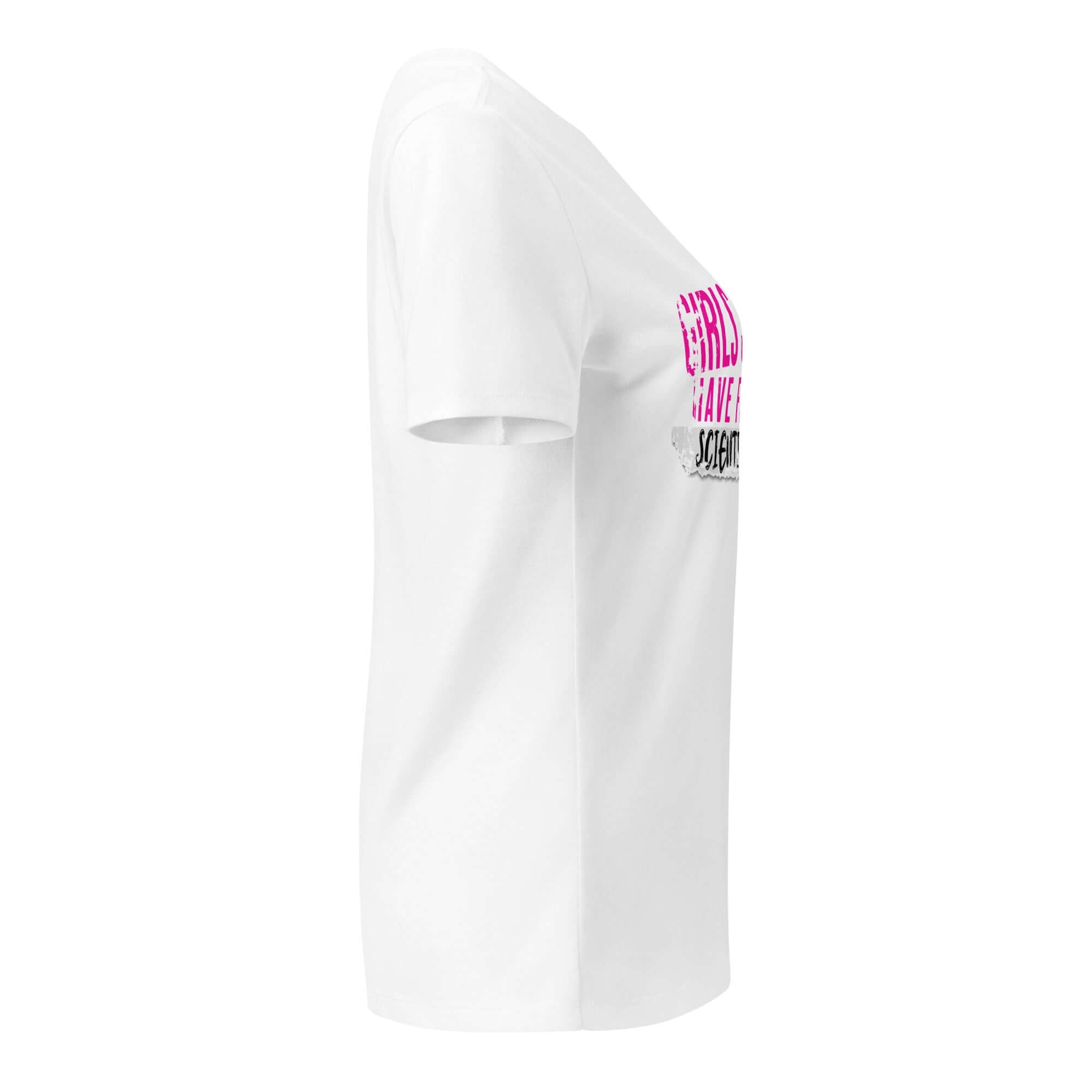 Side view of Girls Just Wanna Do Science T-Shirt with pink and black text, featuring a pop culture and science fusion design.