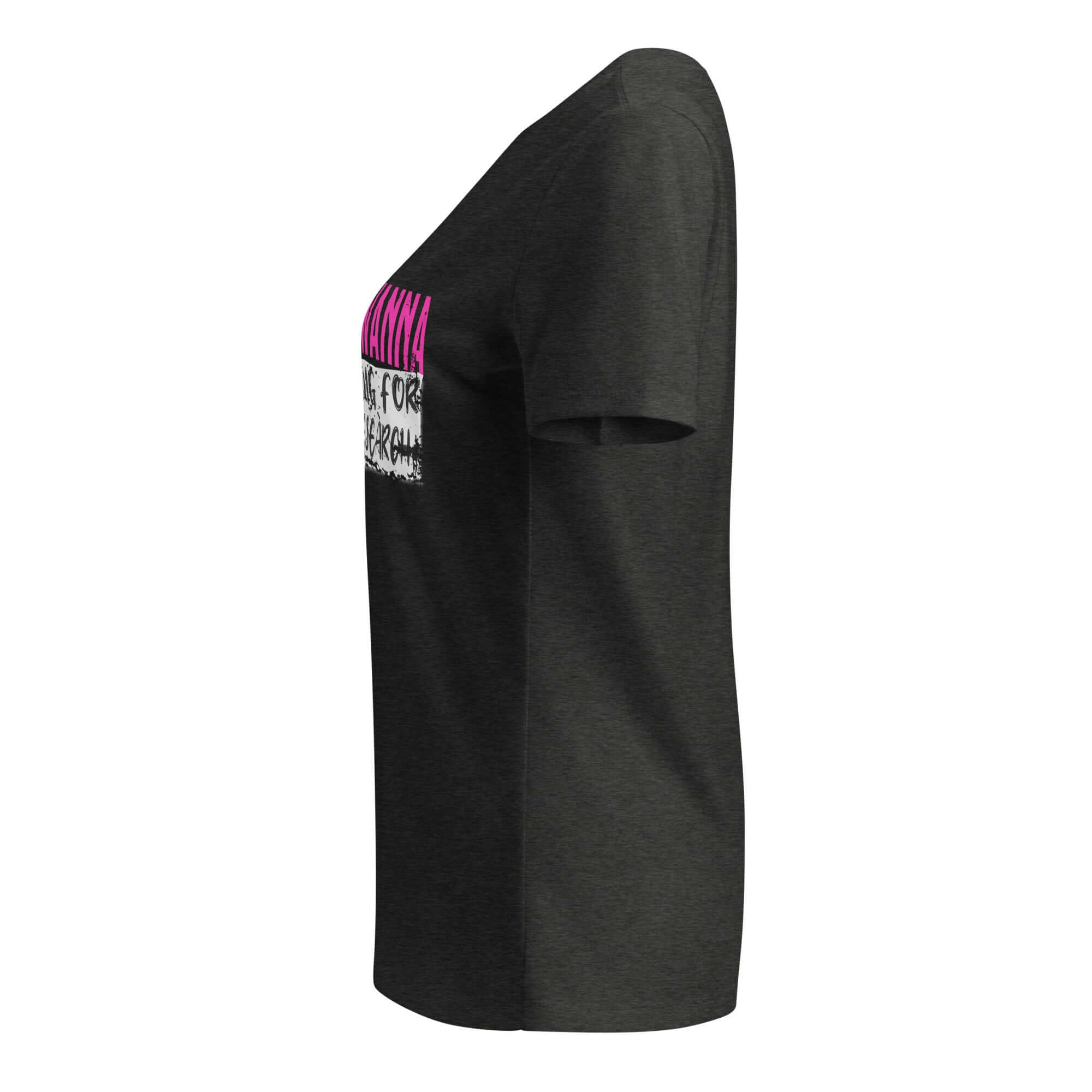 Side view of a Girls Just Wanna Do Science T-Shirt featuring pink and black text with a gradient effect on a dark fabric.