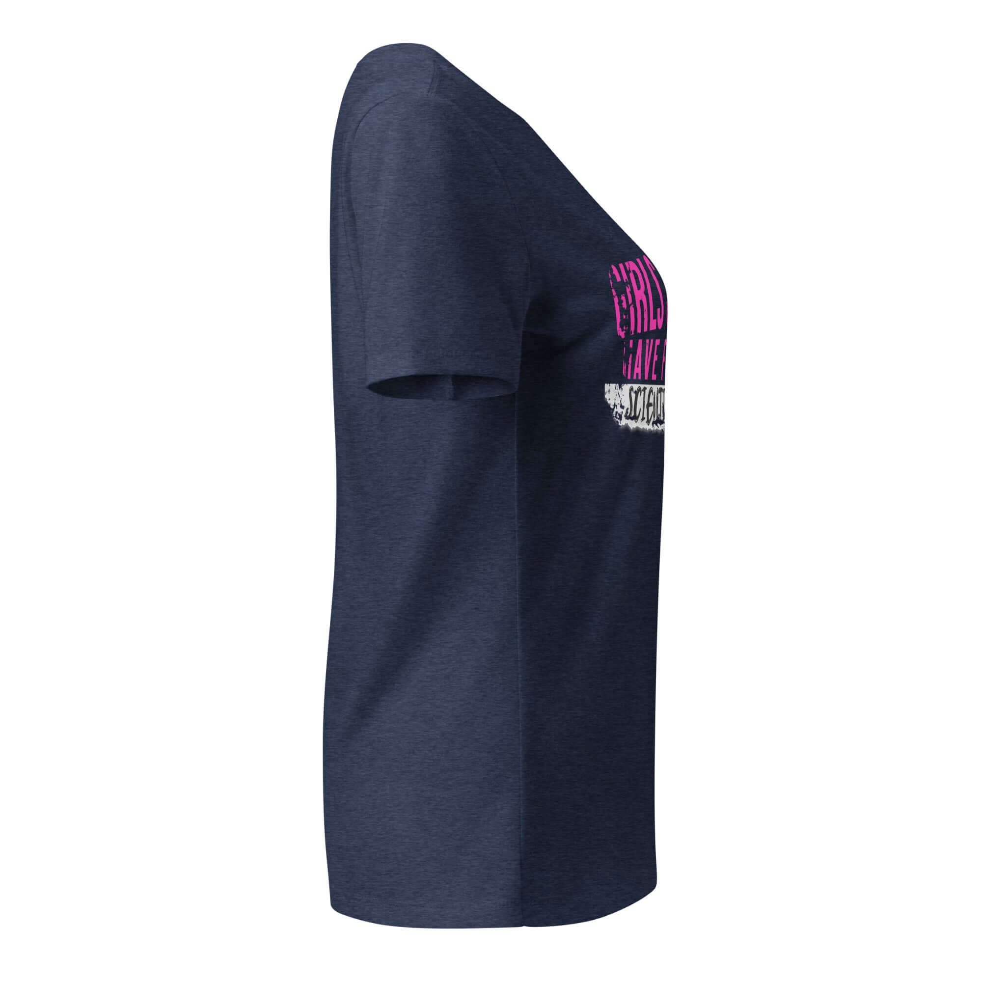 Girls Just Wanna Do Science T-Shirt in navy with pink and black text, side view showing stylish design for science lovers.