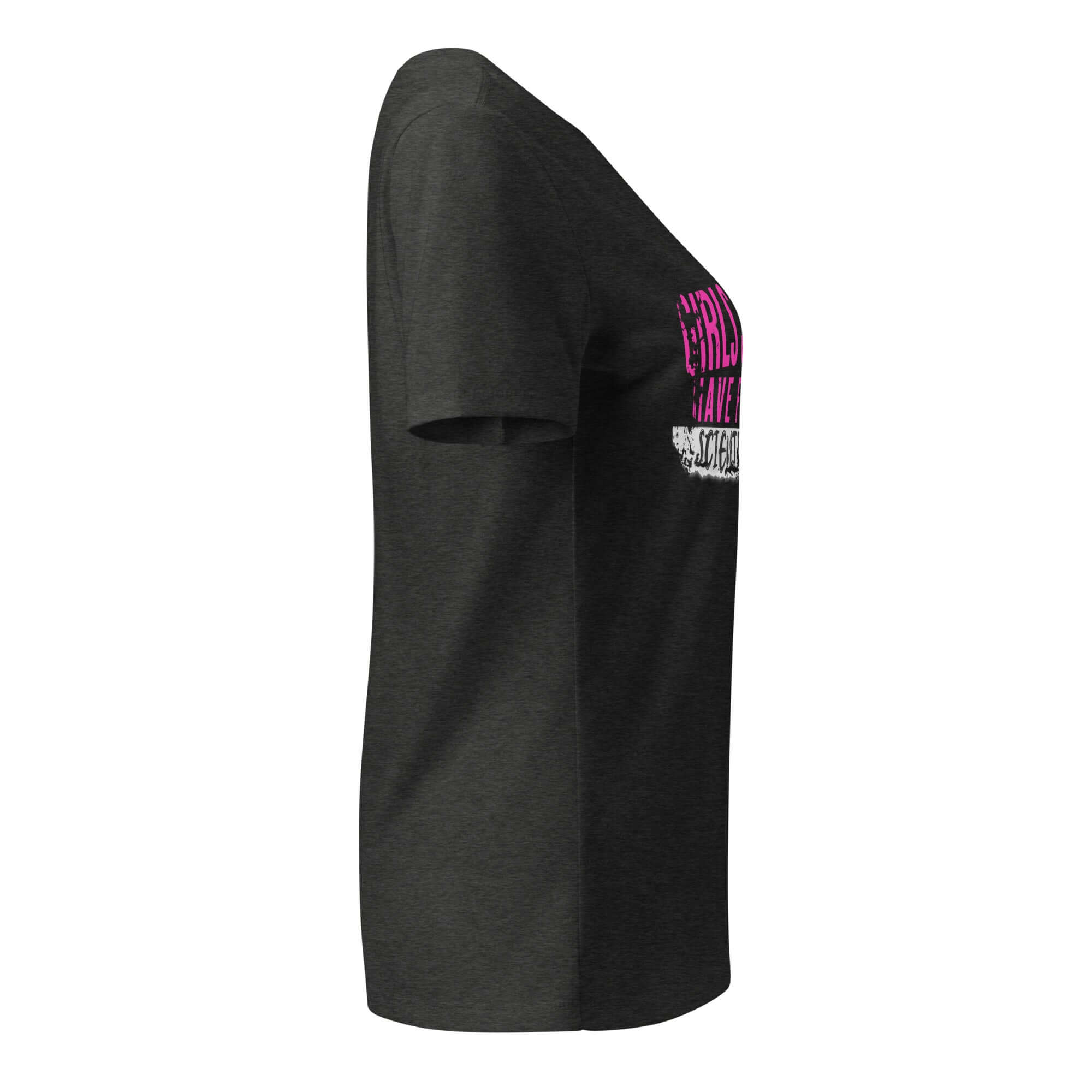 Side view of 'Girls Just Wanna Do Science' T-shirt with pink and black text design on a dark fabric.