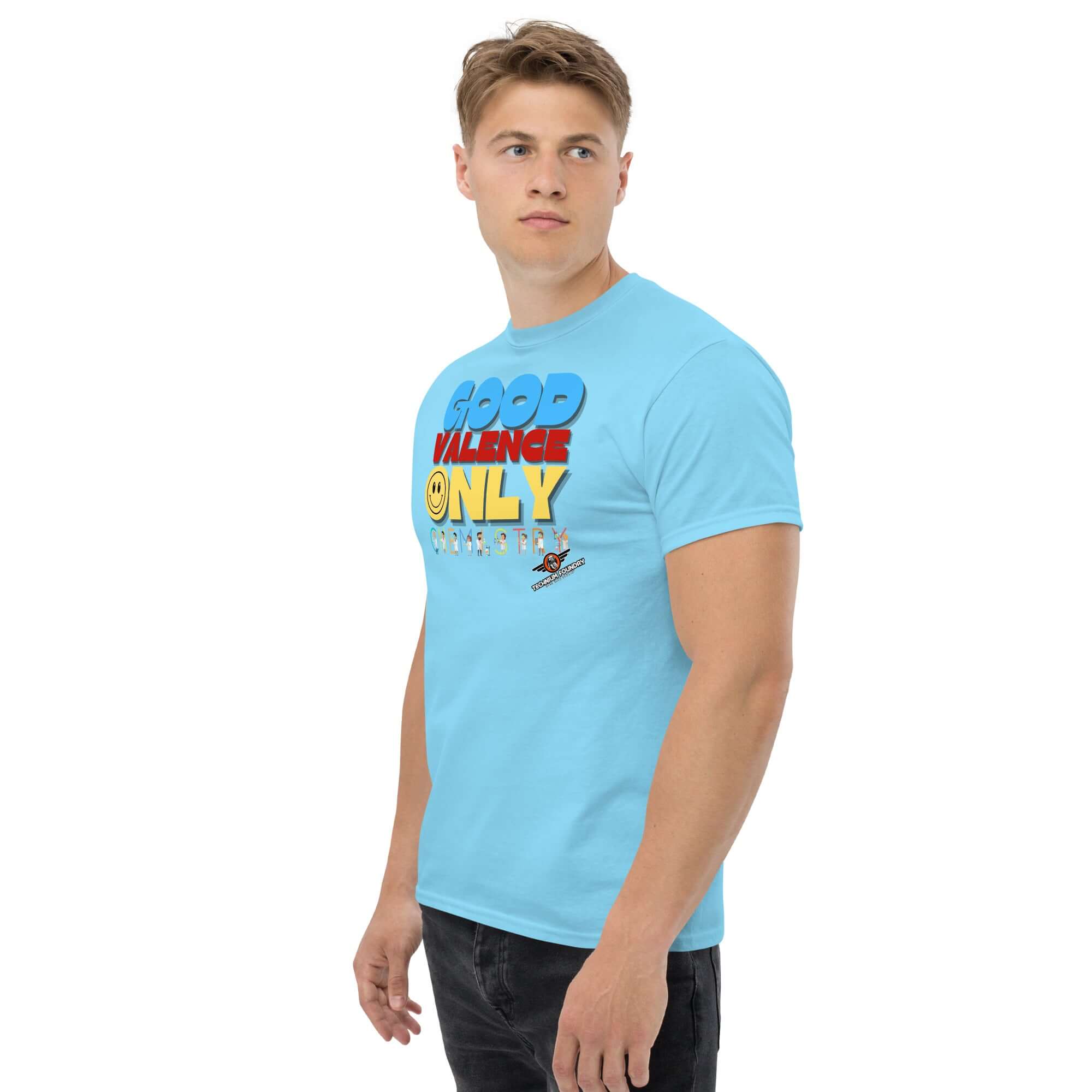 Man wearing Good Valence Only Chemistry T-Shirt with retro typography and lab scientist design, exuding scientific humor and positivity.