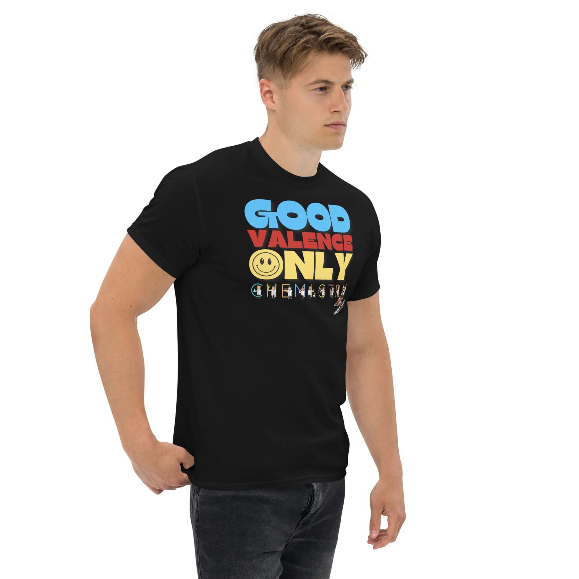 Chemistry-themed t-shirt with 'Good Valence Only' slogan, featuring colorful retro typography and playful scientific design.