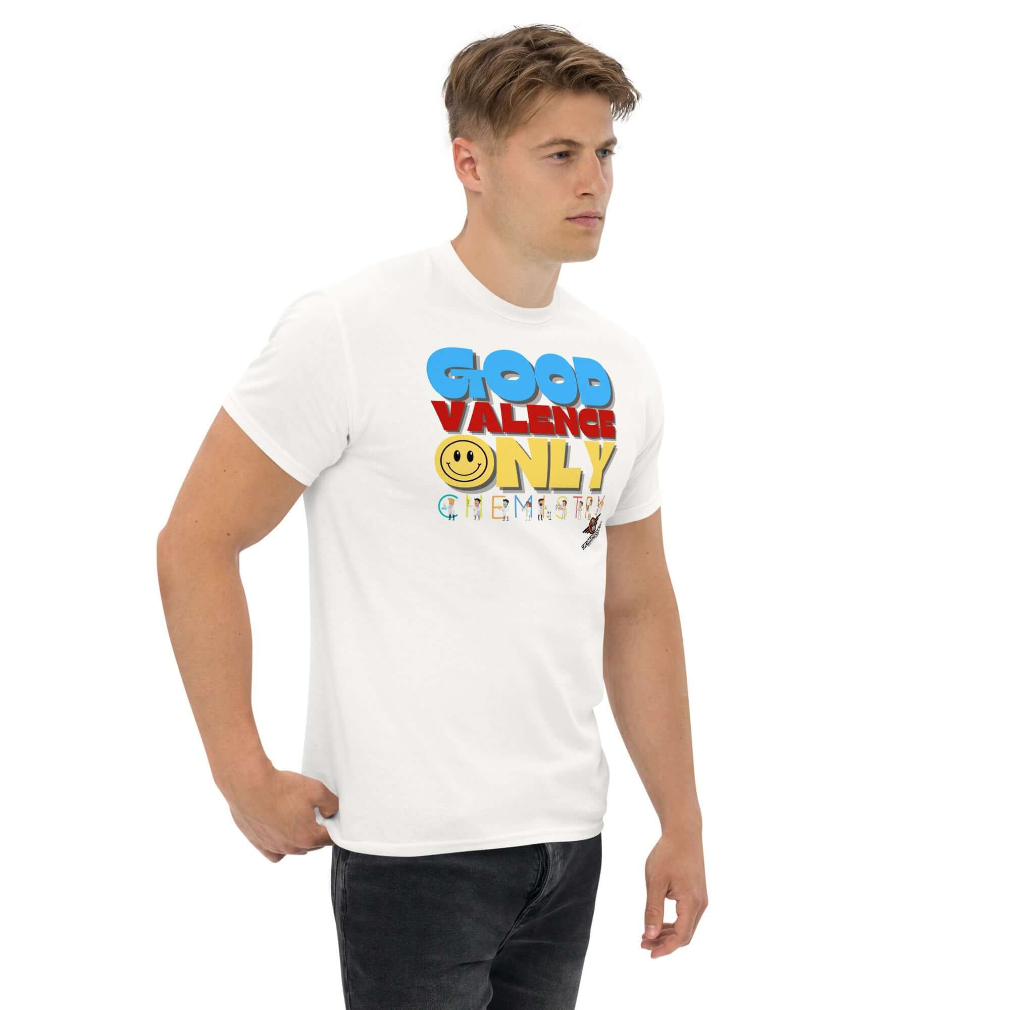 "Good Valence Only Chemistry T-Shirt with vibrant science-themed design and retro typography, perfect for chemistry enthusiasts."