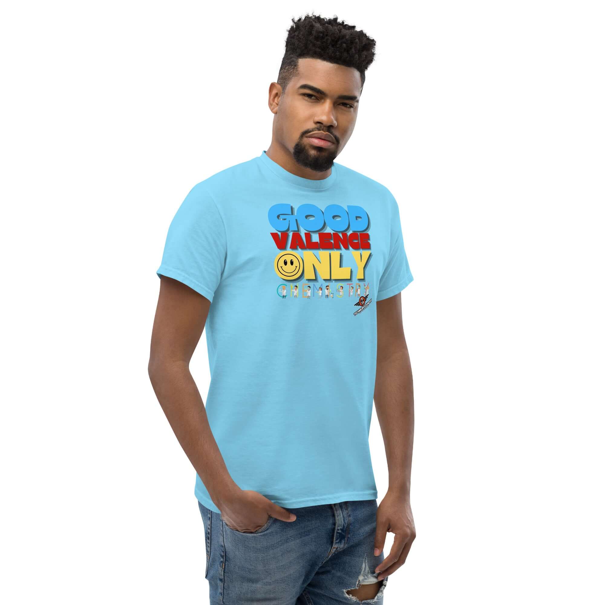 Man wearing "Good Valence Only" chemistry t-shirt with retro typography and lab scientists, exuding positive molecular vibes.