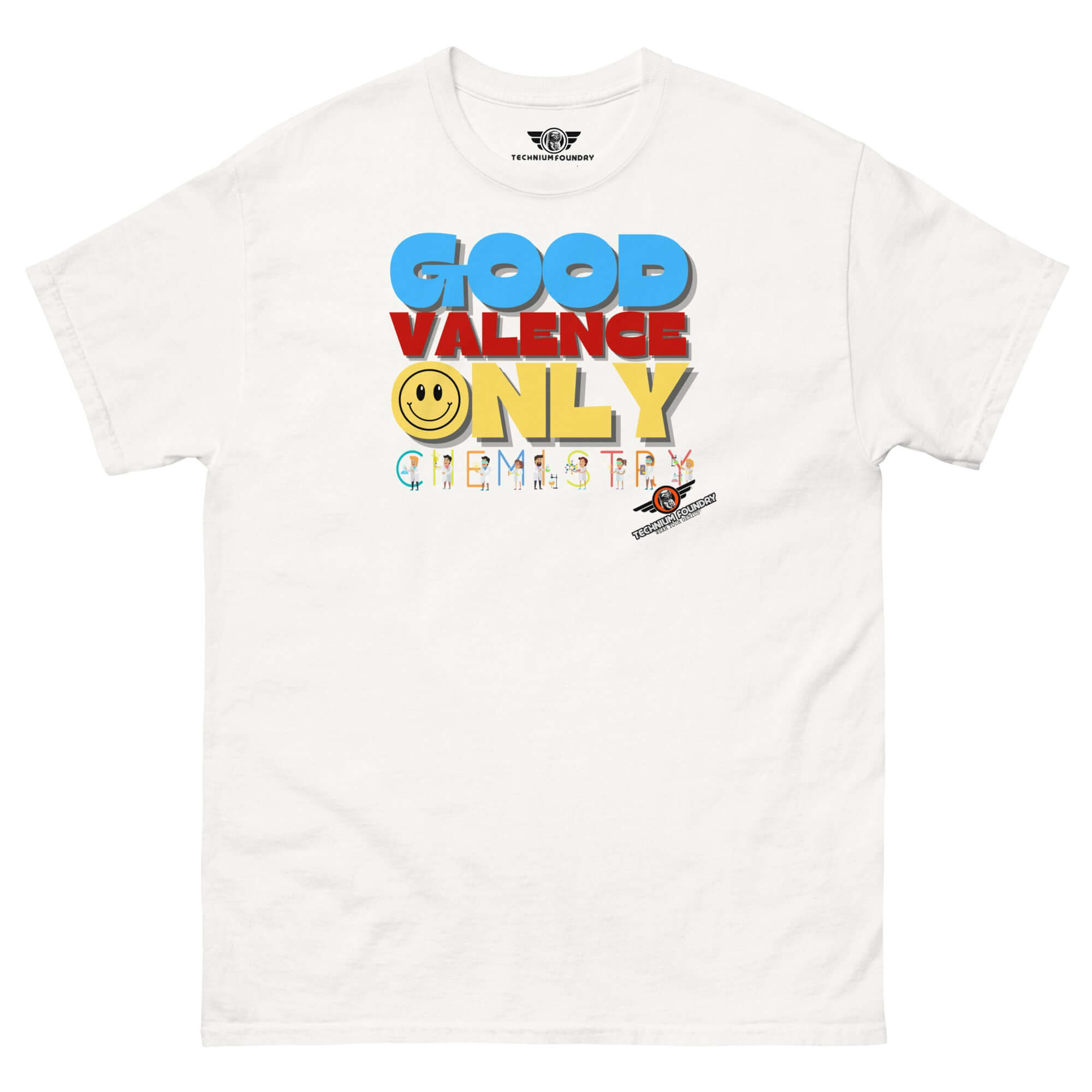 Alt Tag: "Good Valence Only Chemistry T-Shirt – Retro Design with Periodic Positivity and Lab Scientists in Bright Colors"