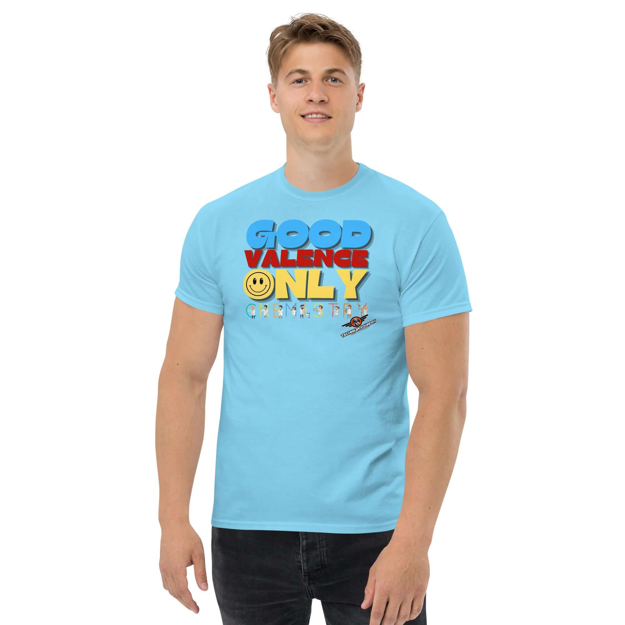 Good Valence Only Chemistry T-Shirt with retro-style typography and lab scientists theme, featuring bright colors on a blue tee.