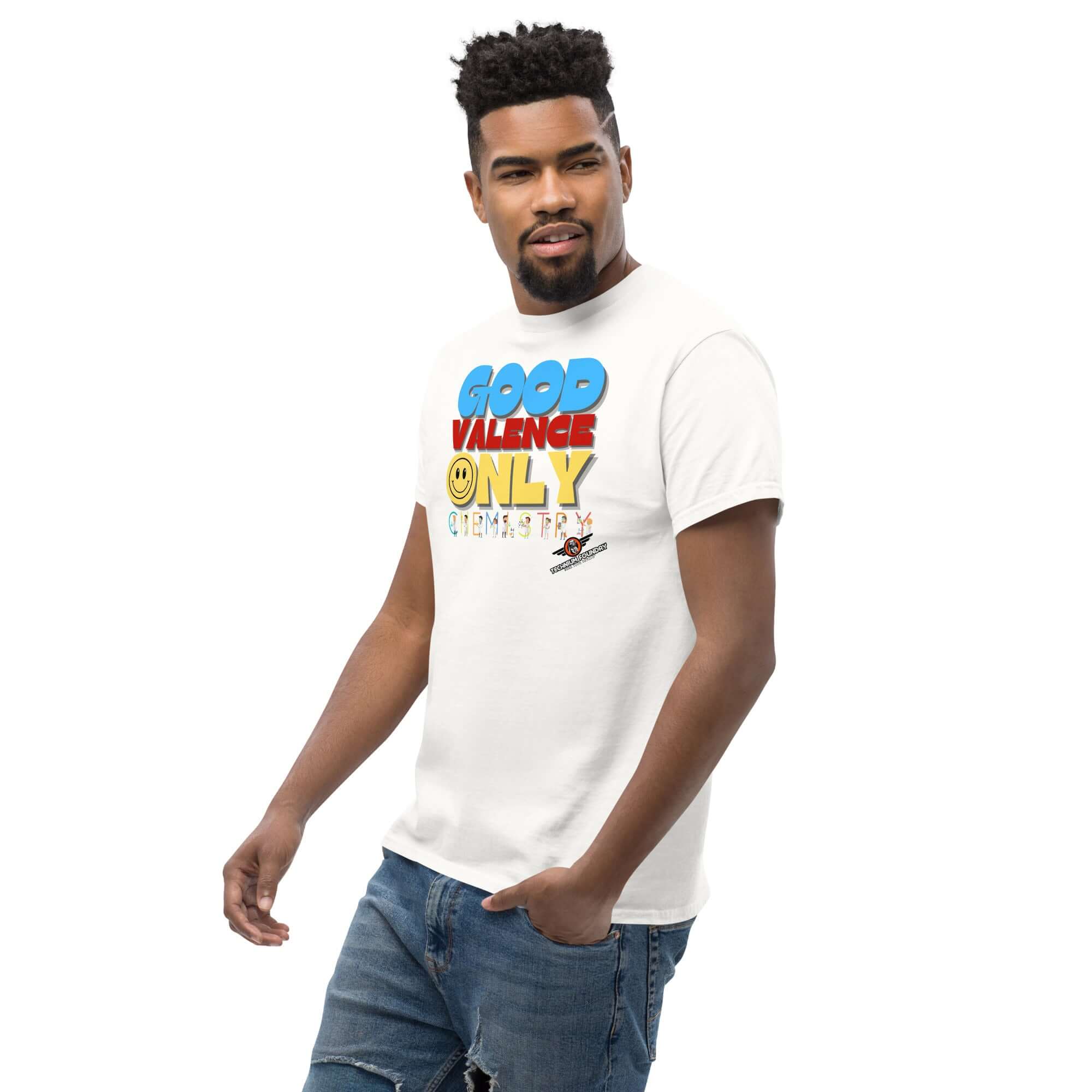 Man wearing a "Good Valence Only" chemistry t-shirt with vibrant colors and lab scientist theme for a mix of science and humor.