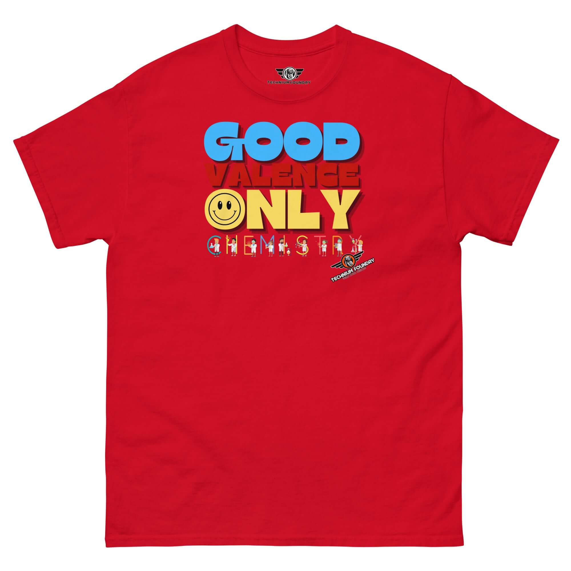 Red 'Good Valence Only' Chemistry T-Shirt with retro typography and cheerful scientist graphics for positive vibes.