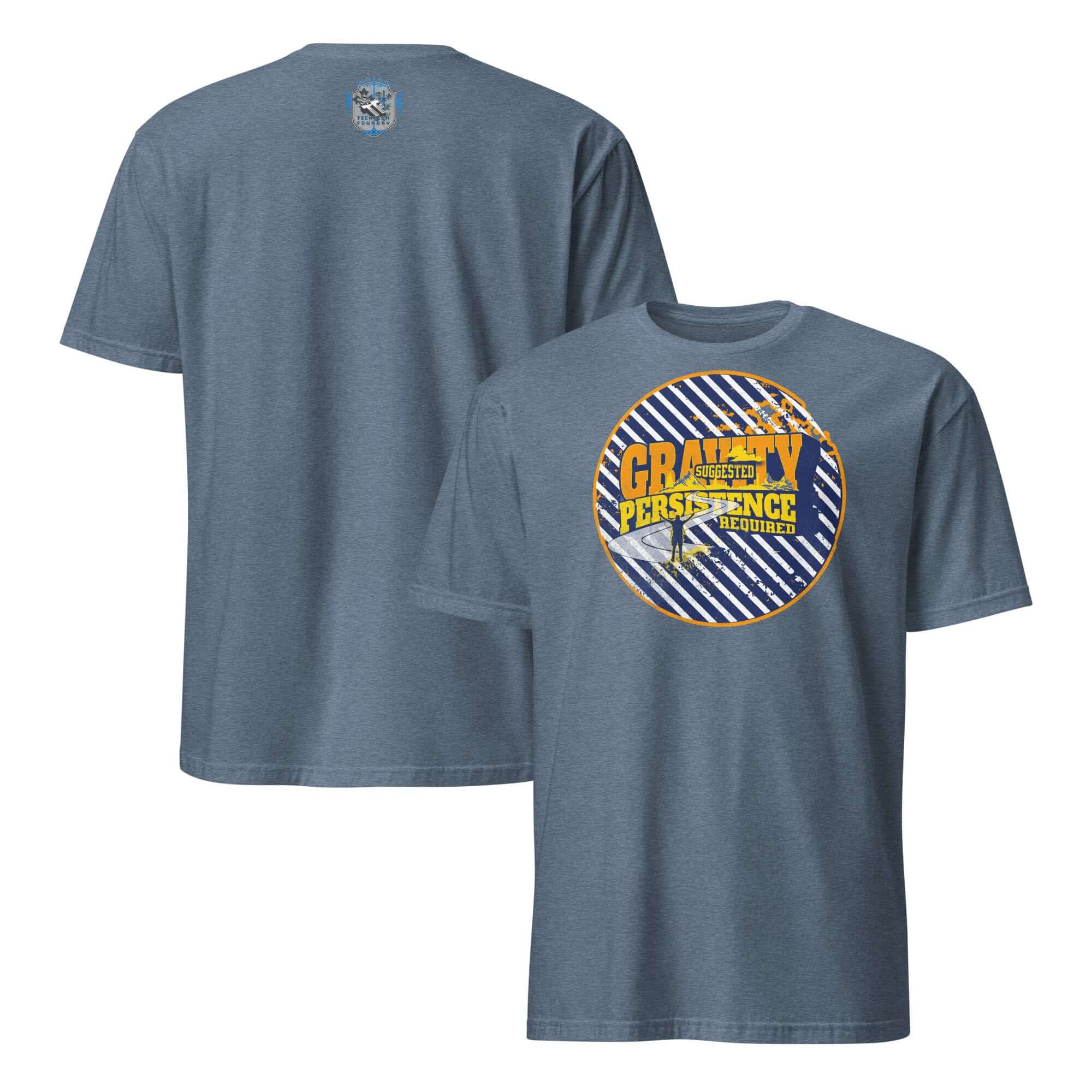 Gravity Suggested Persistence Required t-shirt with navy and white striped circular emblem and yellow typography.