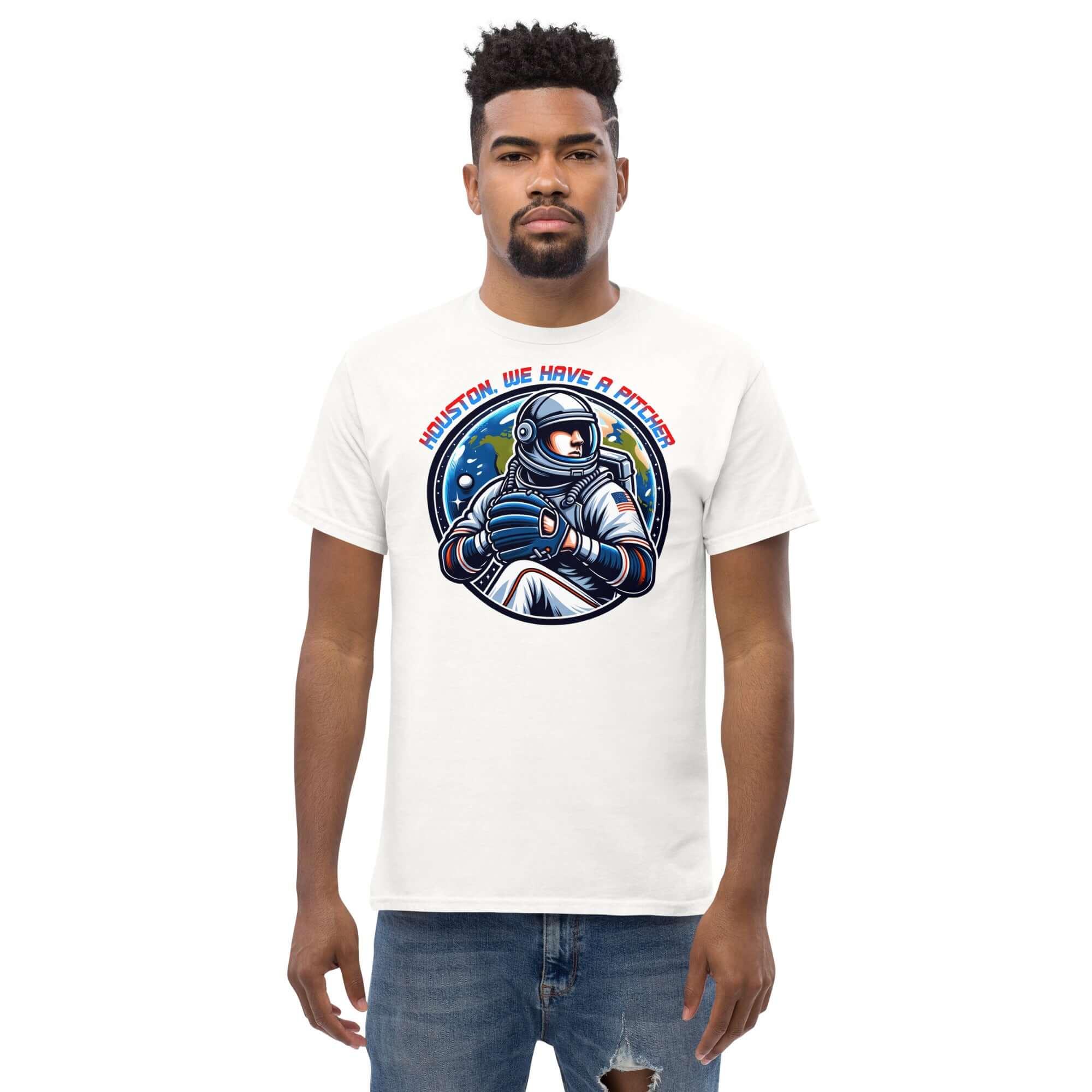 "Houston, We Have A Pitcher" T-Shirt featuring an astronaut ready to pitch, merging space program and baseball themes by Technium Foundry