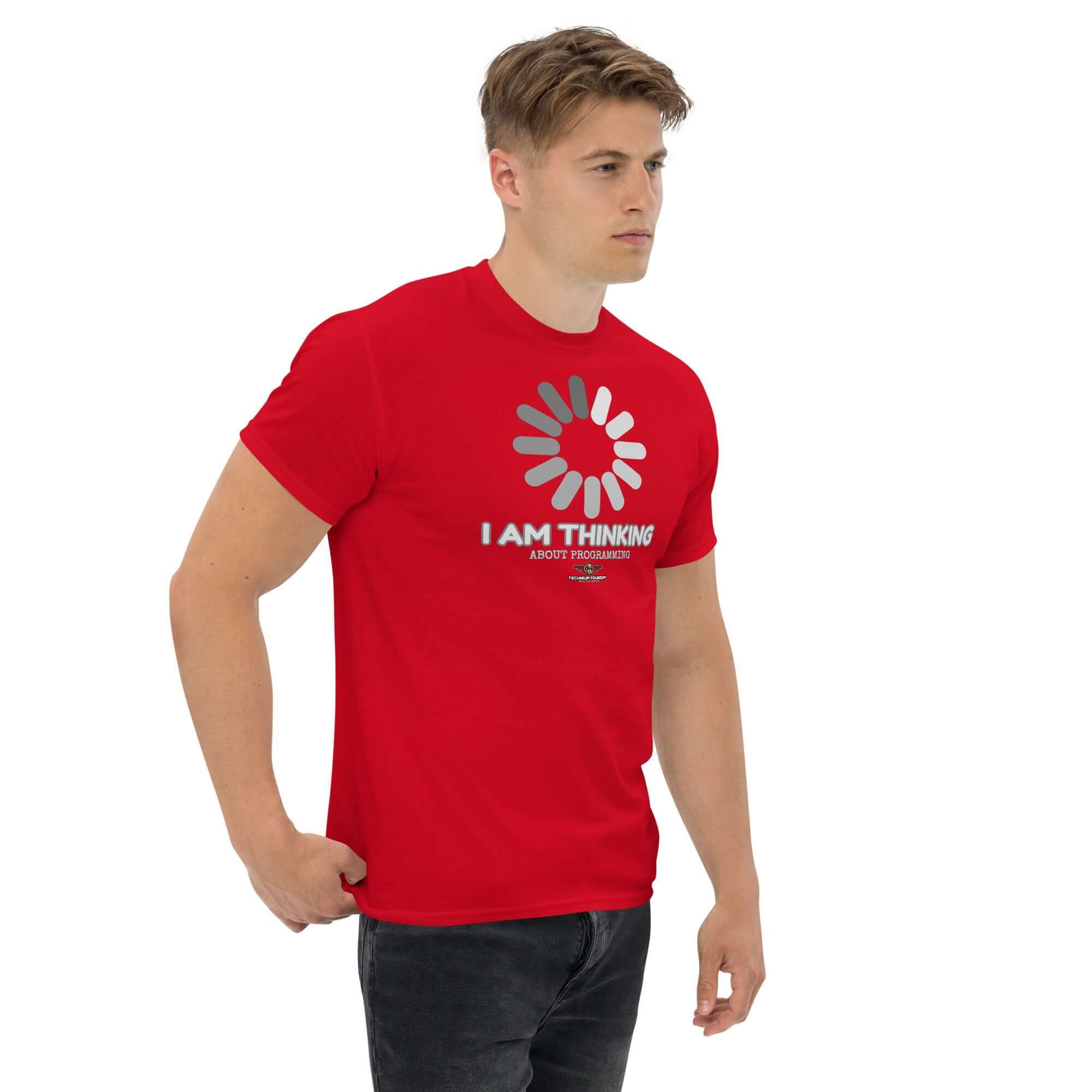 Red 'I Am Thinking About Programming' T-shirt with loading screen graphic, perfect for coders. Still Compiling.