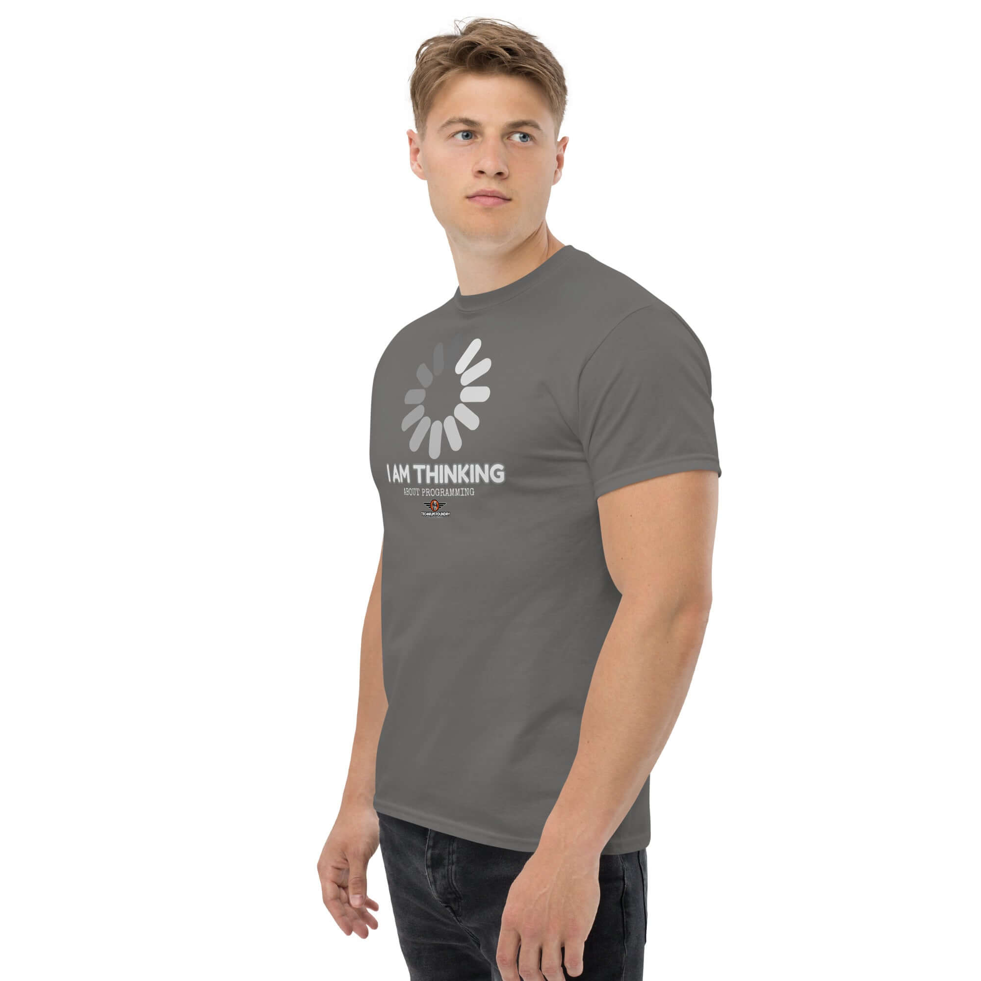 Model wearing 'I Am Thinking About Programming' t-shirt with loading screen graphic, representing infinite loop of coding thoughts.