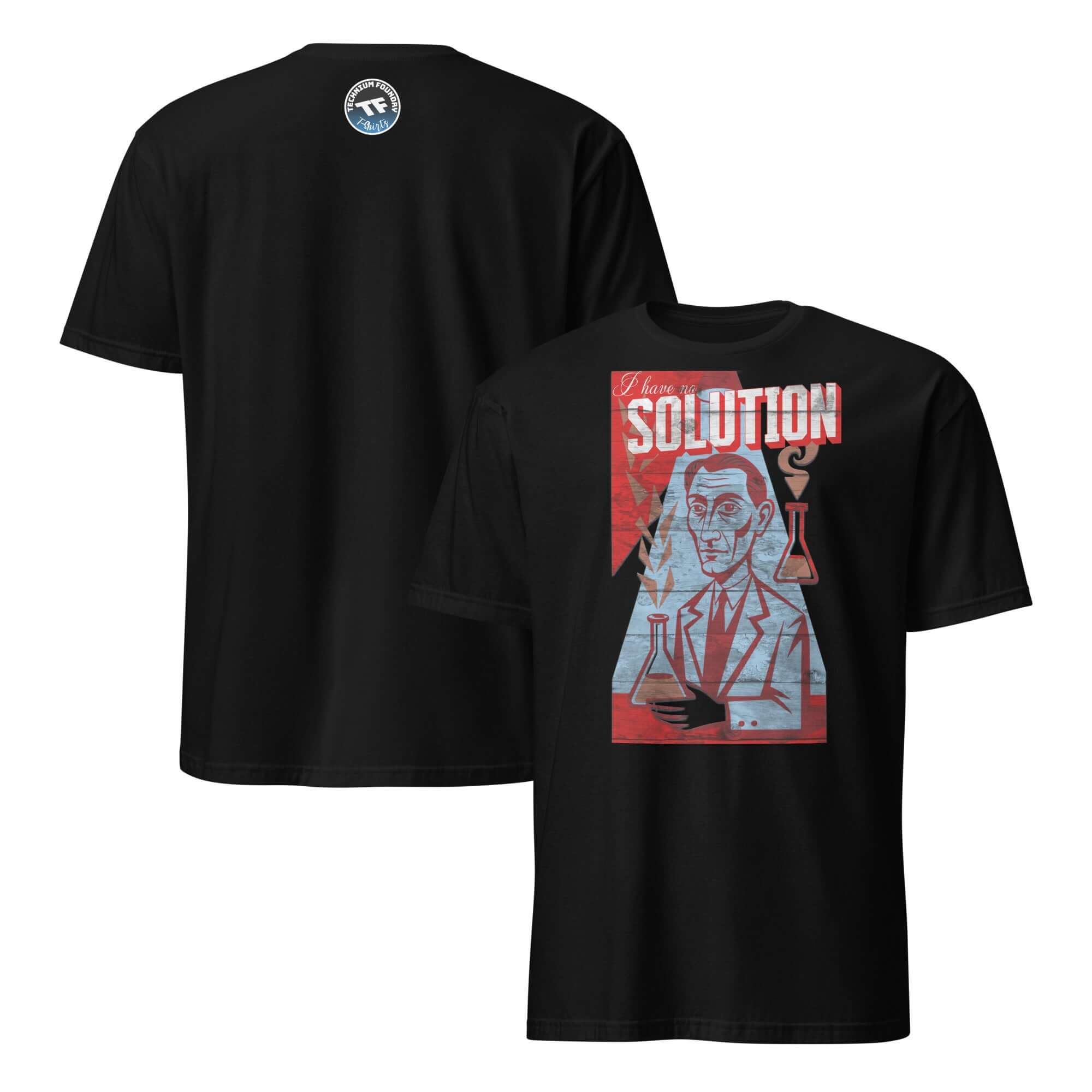 Black T-shirt with "I Have No Solution" chemistry design, combining Soviet propaganda aesthetics with scientific themes.