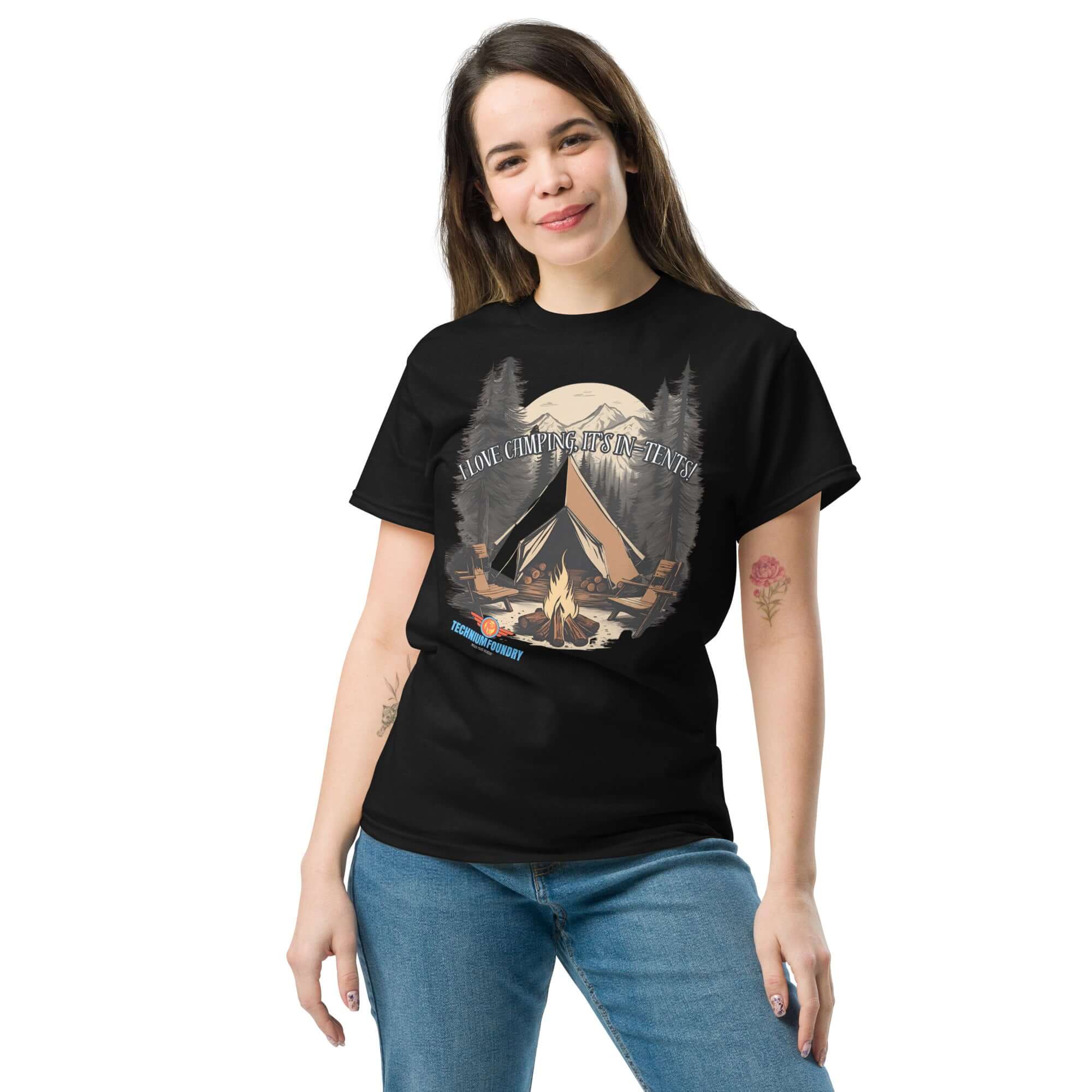 "I Love Camping, It's In-Tents tee featuring campsite scene, part of Science & Tech Apparel Collection by Technium Foundry."