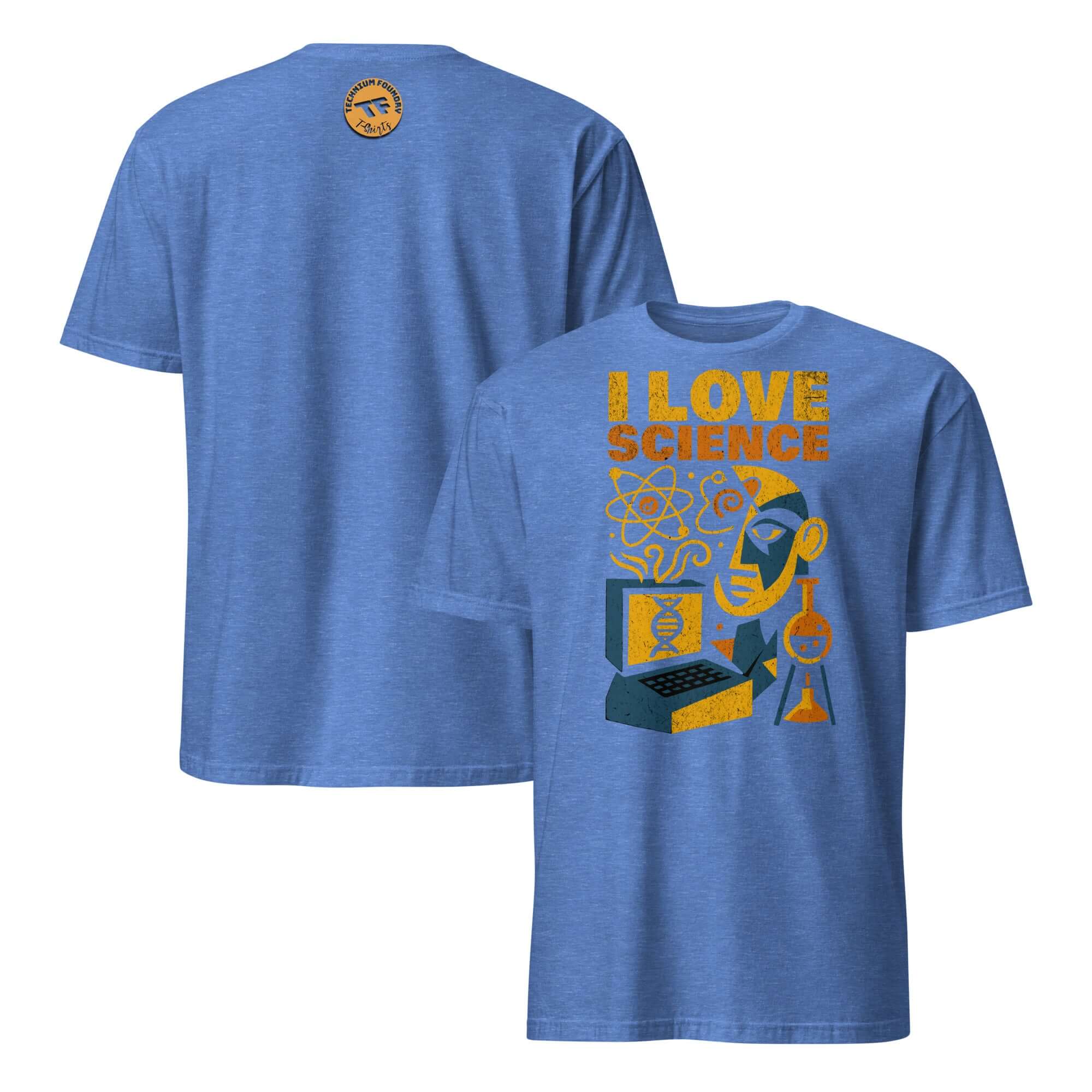 Blue "I Love Science" t-shirt featuring scientific illustrations and text, perfect for those passionate about science and discovery.