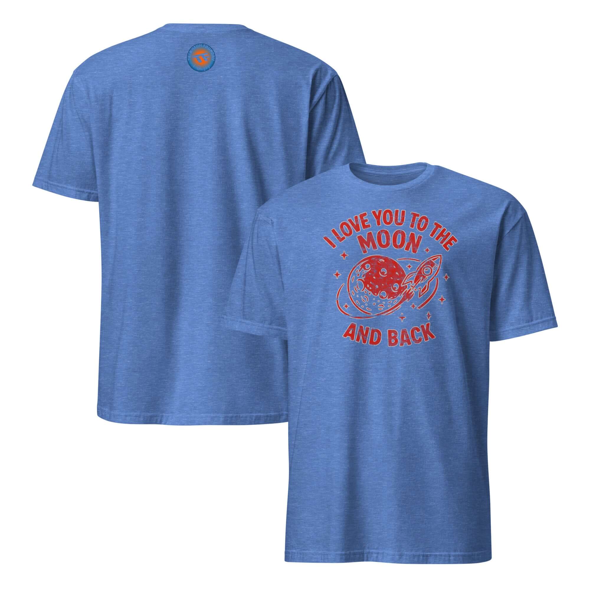 Blue t-shirt with 'I Love You to the Moon and Back' text and space-themed design, featuring a rocket and stars.