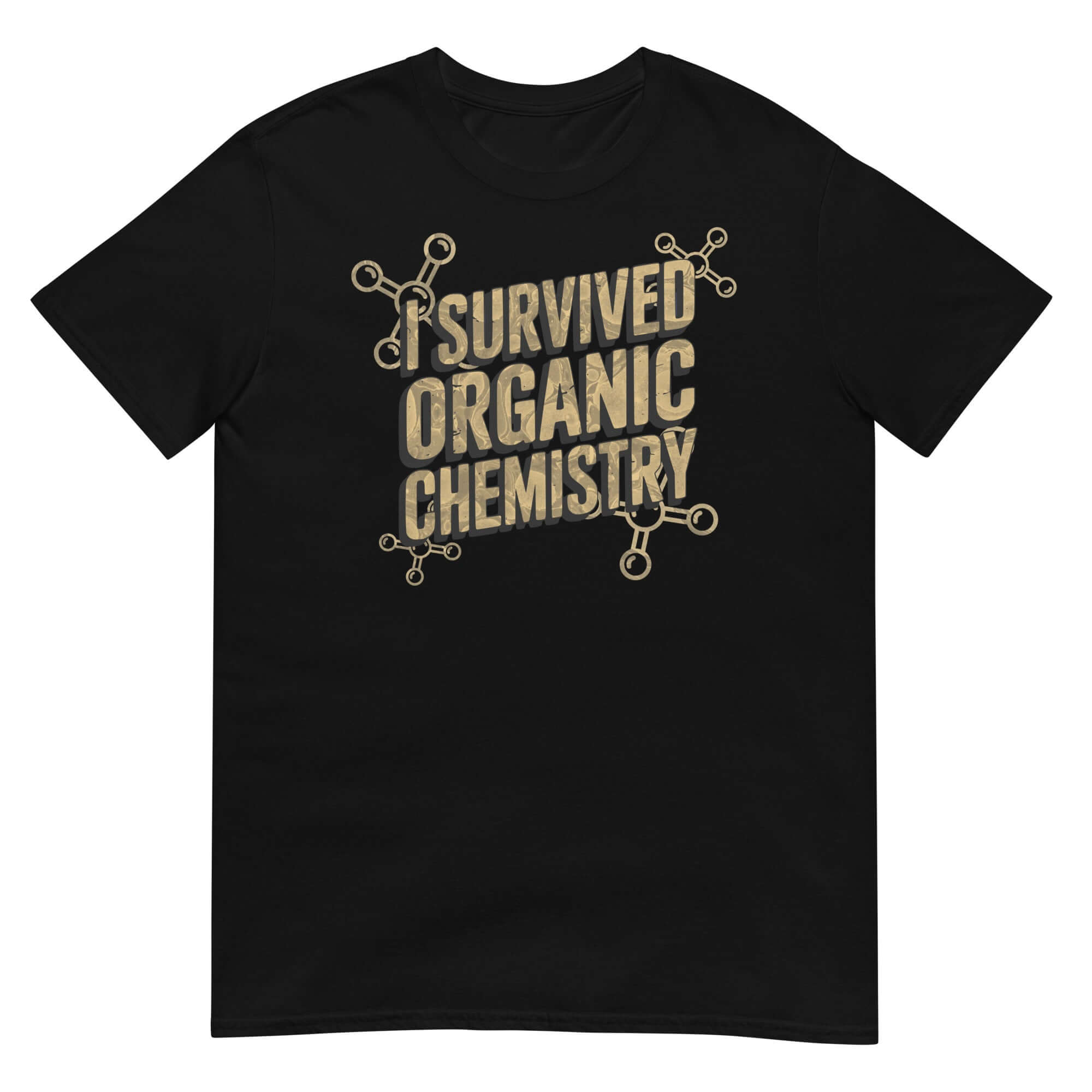Black T-shirt with 'I Survived Organic Chemistry' design featuring molecular structures, perfect for chemistry survivors and students.