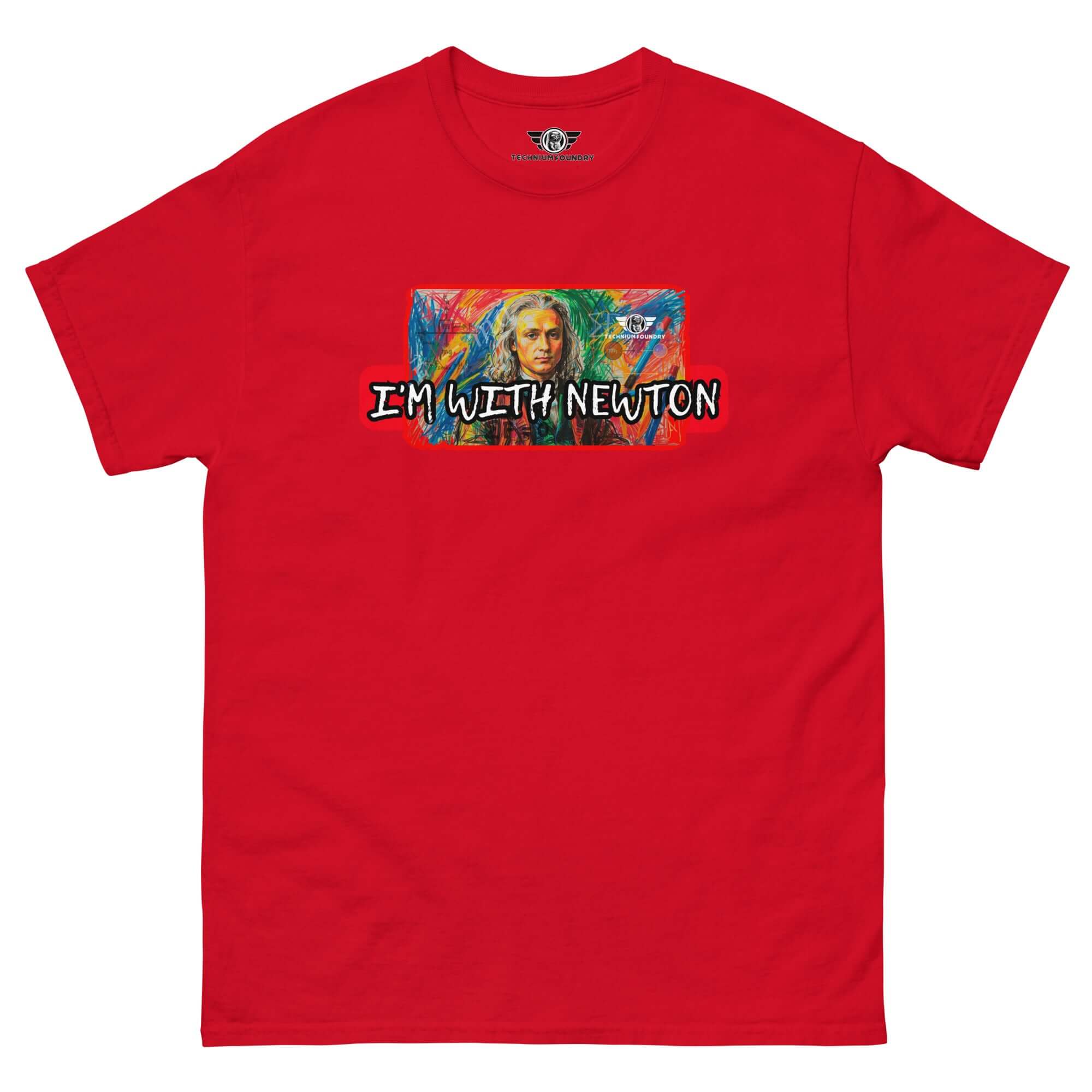 Red "I'm With Newton" t-shirt featuring colorful pop art portrait of Isaac Newton, blending science with modern style.
