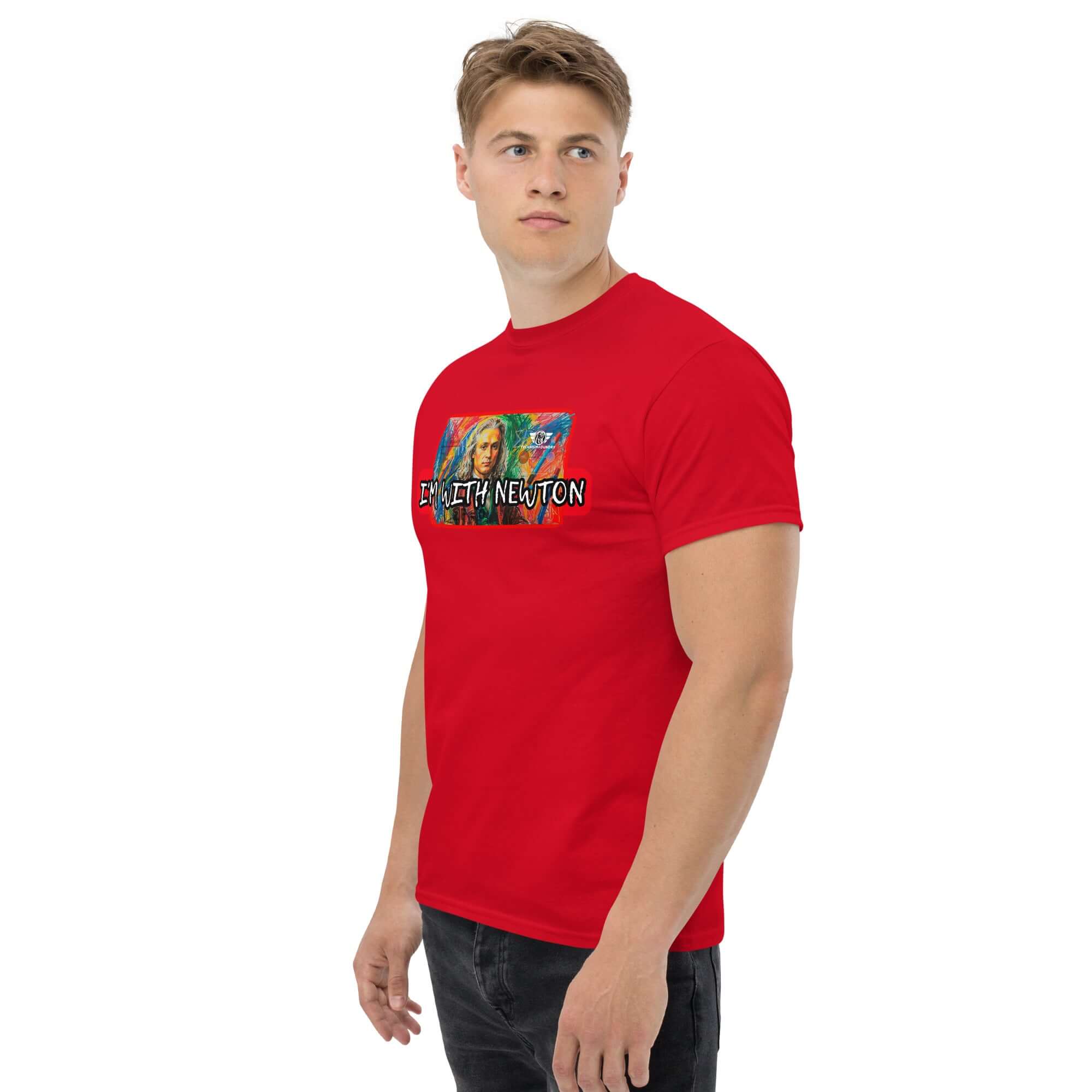 Red 'I'm With Newton' T-shirt featuring colorful physics-themed pop art portrait of Isaac Newton, worn by model.