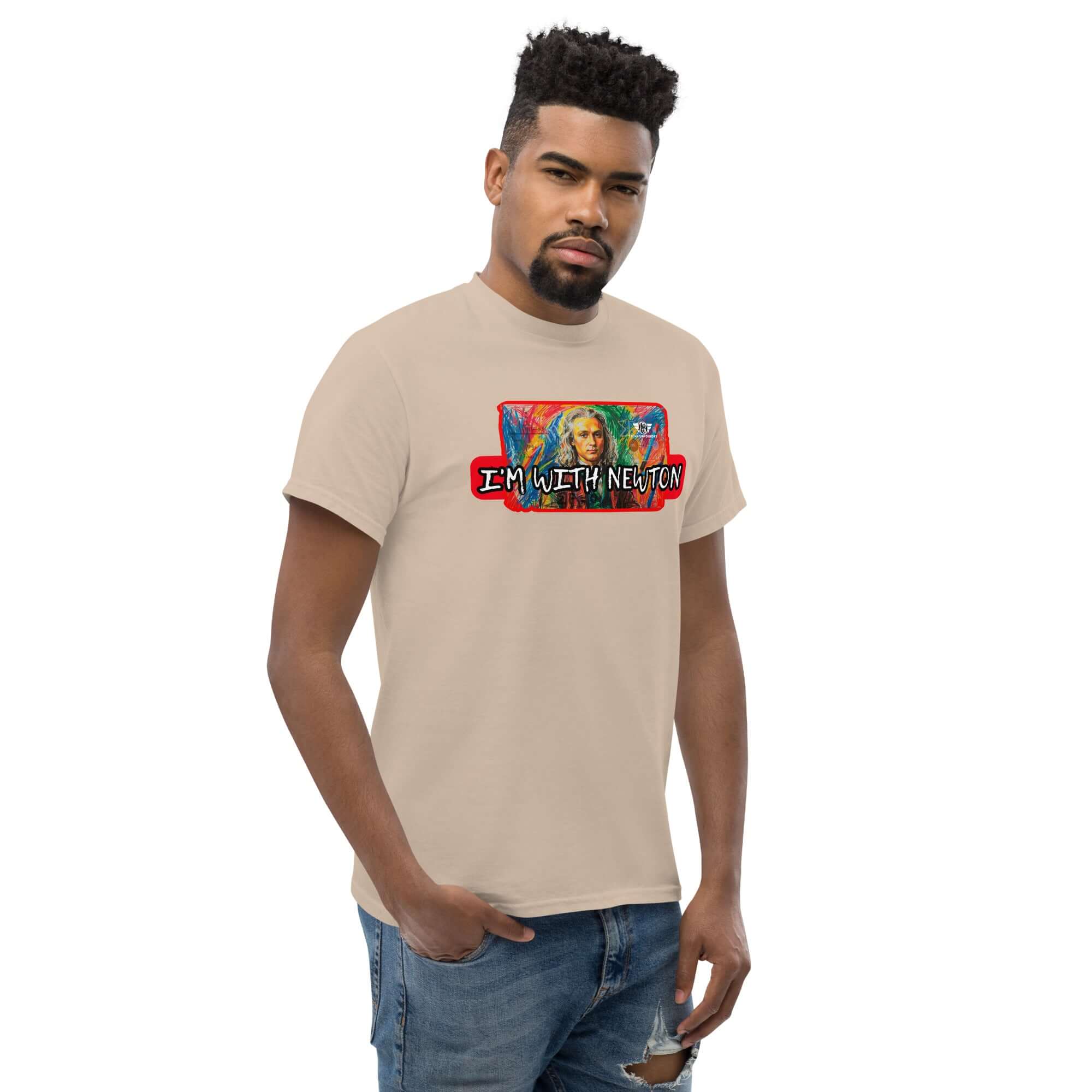 Man wearing "I'm With Newton" colorful physics portrait t-shirt with pop art style Isaac Newton design