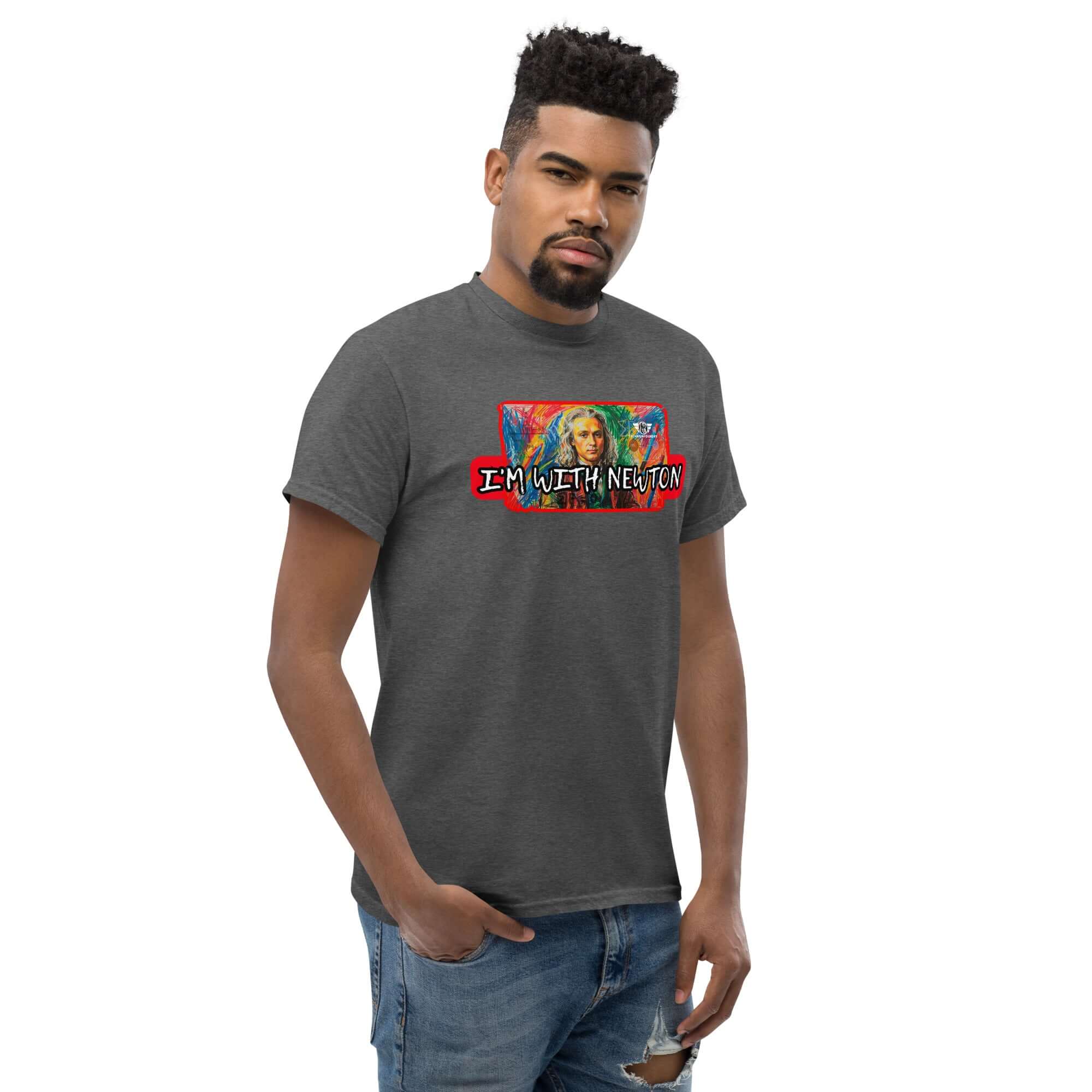 Model wearing 'I'm With Newton' physics pop art t-shirt featuring colorful Sir Isaac Newton portrait on gray fabric.