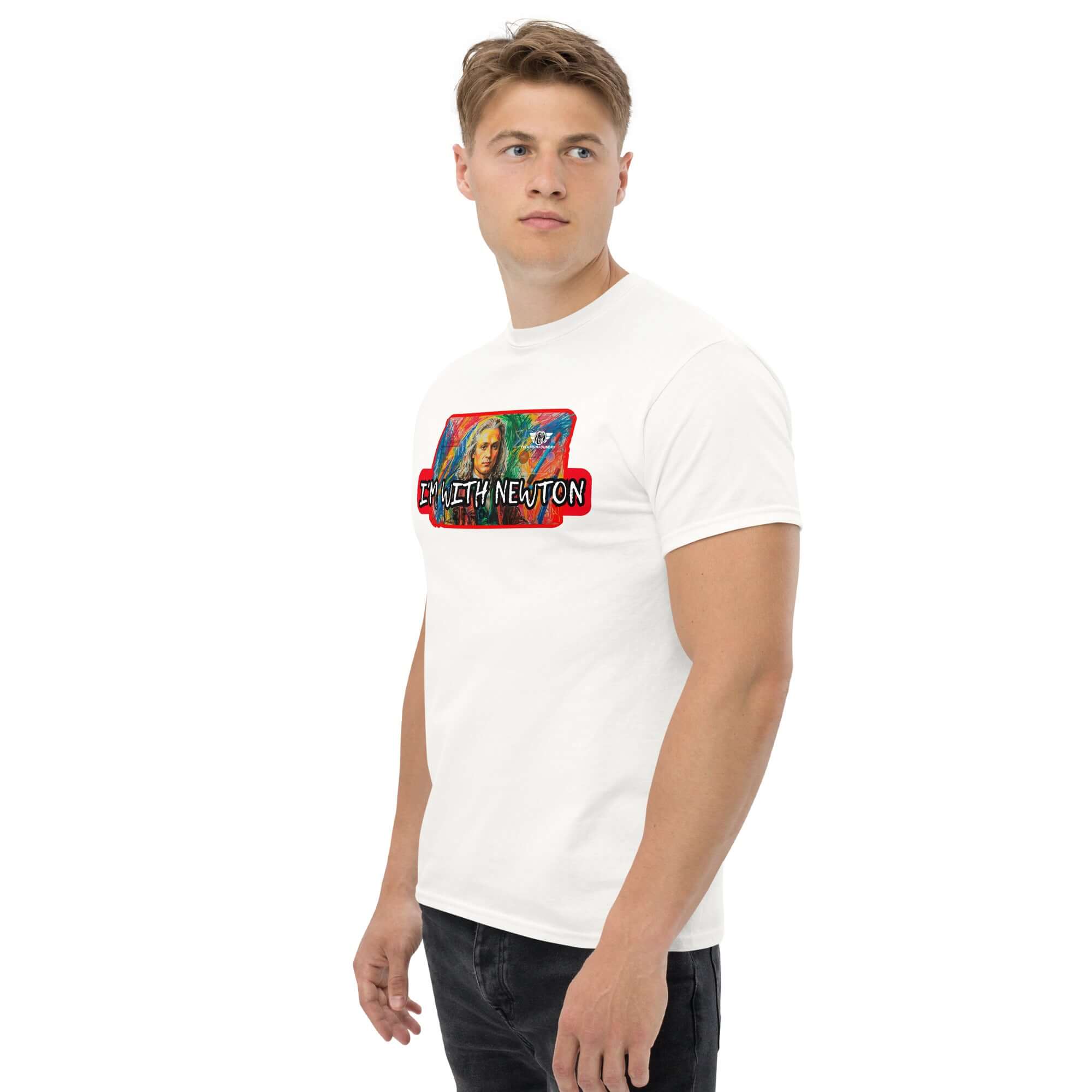 Model wearing 'I'm With Newton' colorful physics portrait t-shirt showcasing Sir Isaac Newton in pop art style.