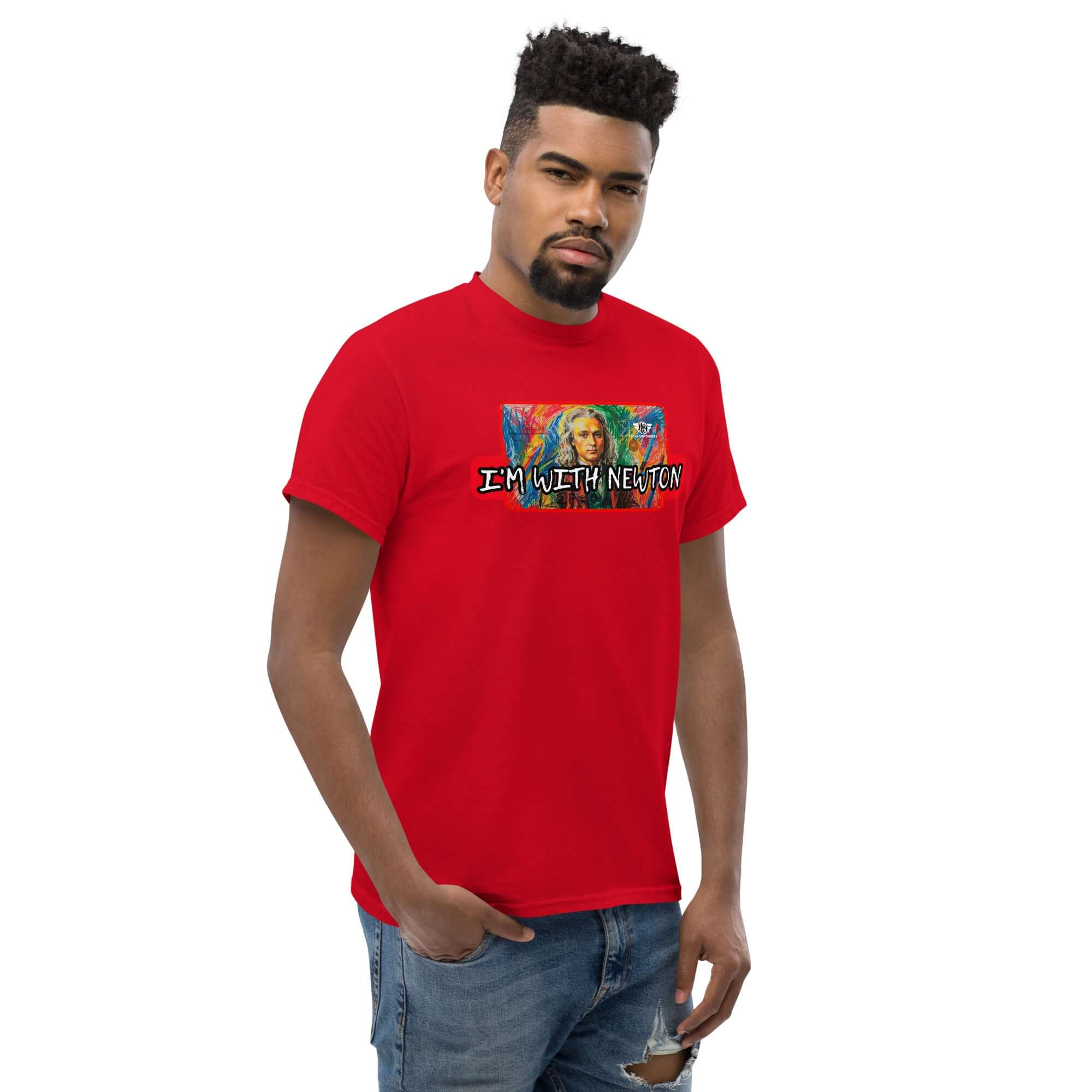 Man wearing 'I'm With Newton' colorful physics portrait t-shirt, red shirt featuring pop art design of Isaac Newton, classical mechanics theme.
