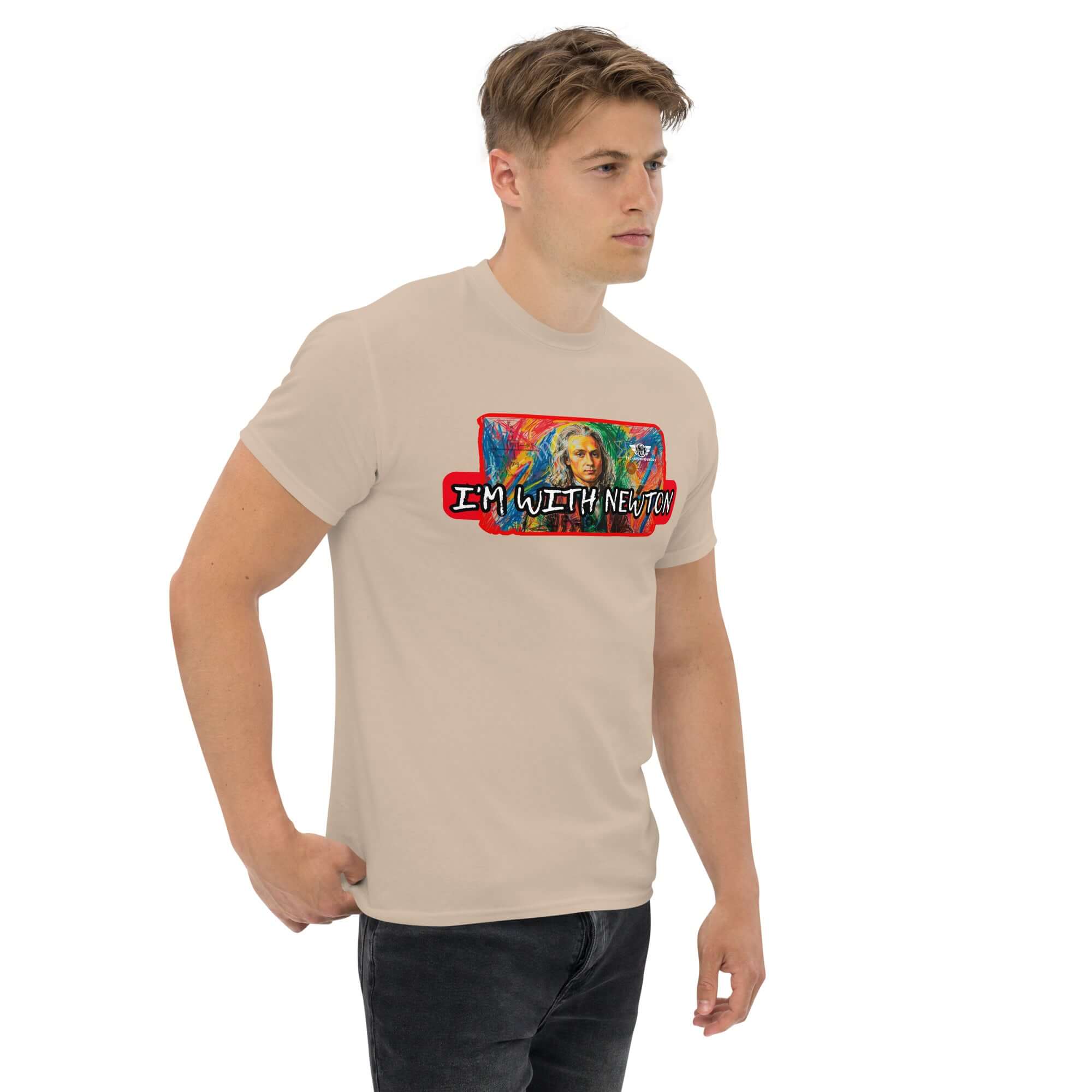 Alt Tag: Man wearing 'I'm With Newton' colorful physics portrait t-shirt, showcasing a pop art depiction of Sir Isaac Newton.