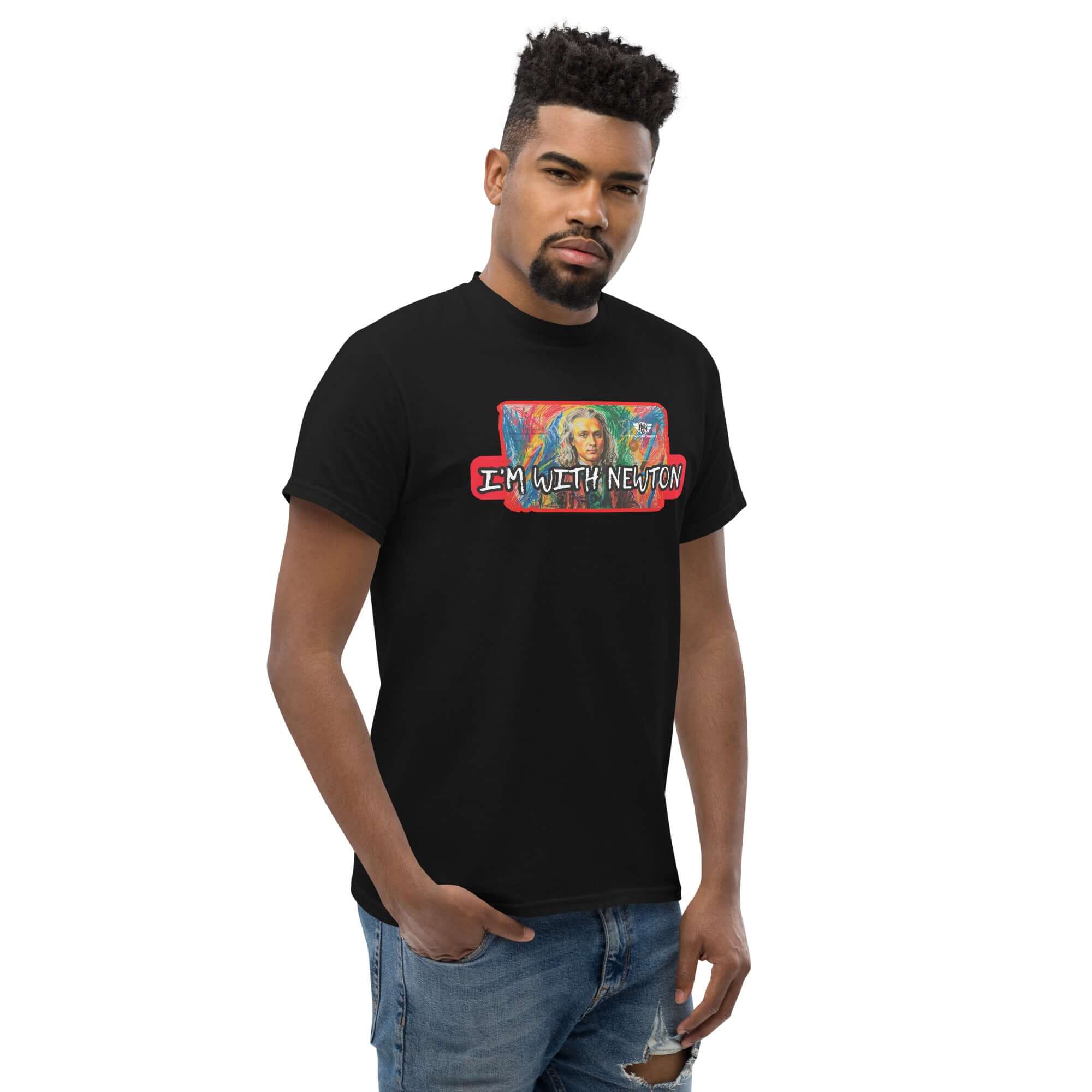 Model wearing I'm With Newton colorful physics portrait T-shirt with pop art design of Isaac Newton.