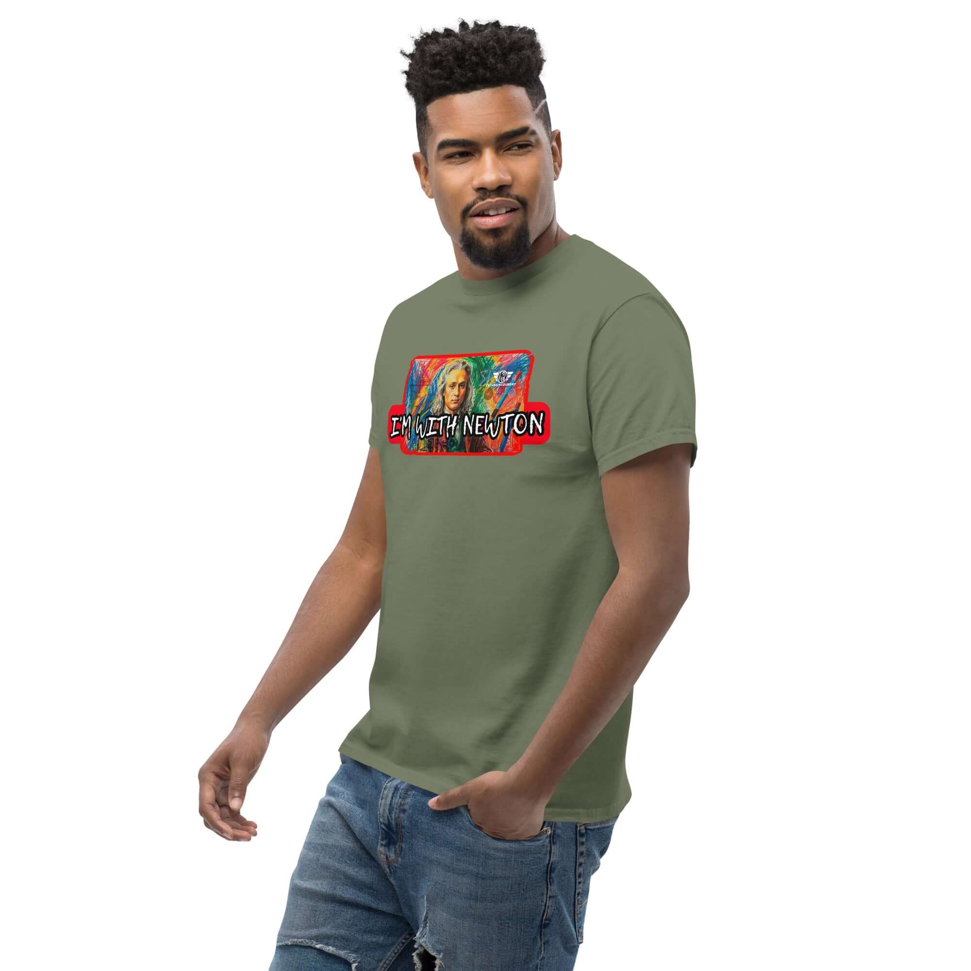 I'm With Newton colorful physics portrait t-shirt featuring pop art design, worn by a model in casual jeans.