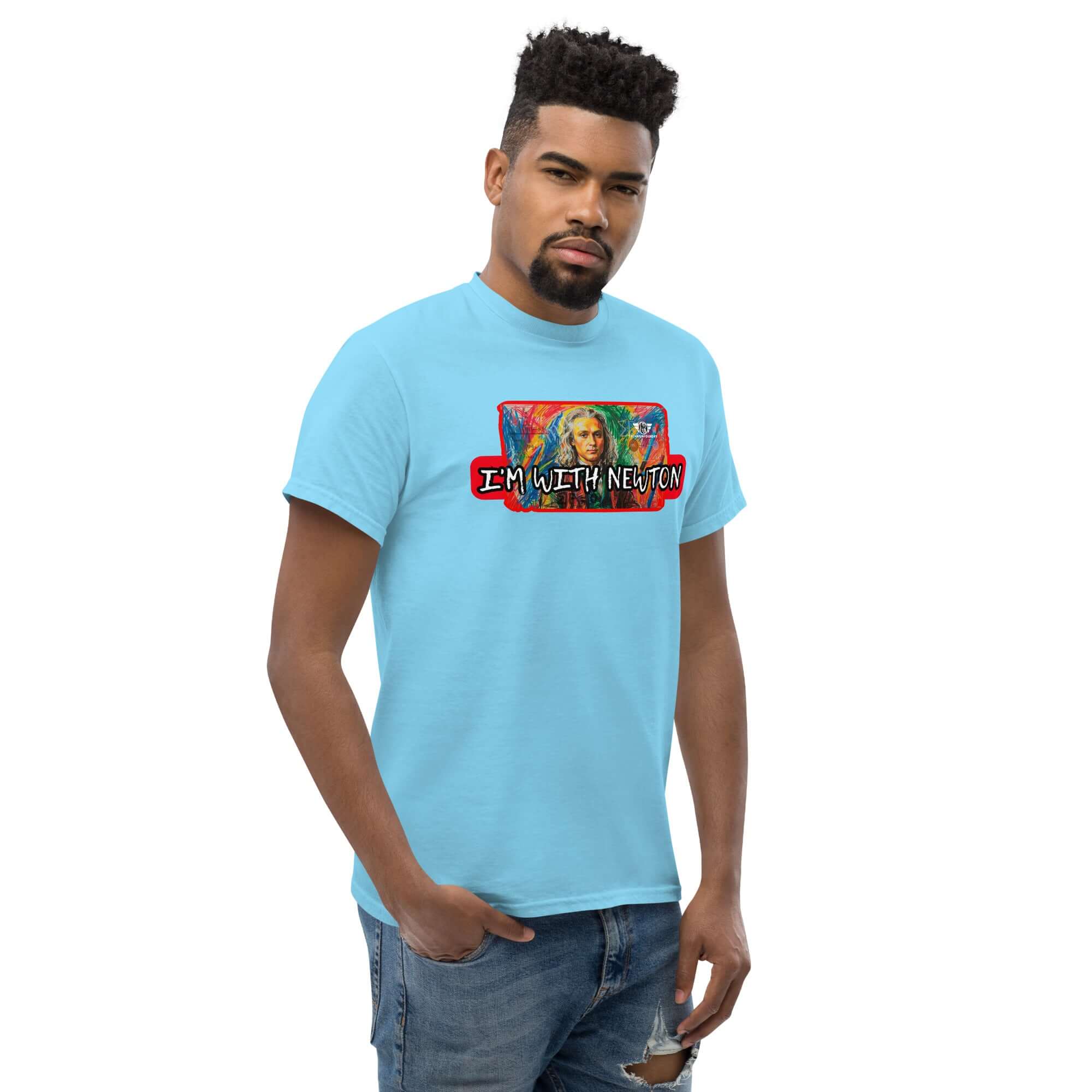Man wearing 'I'm With Newton' colorful physics portrait t-shirt with pop art design featuring Isaac Newton on light blue fabric.