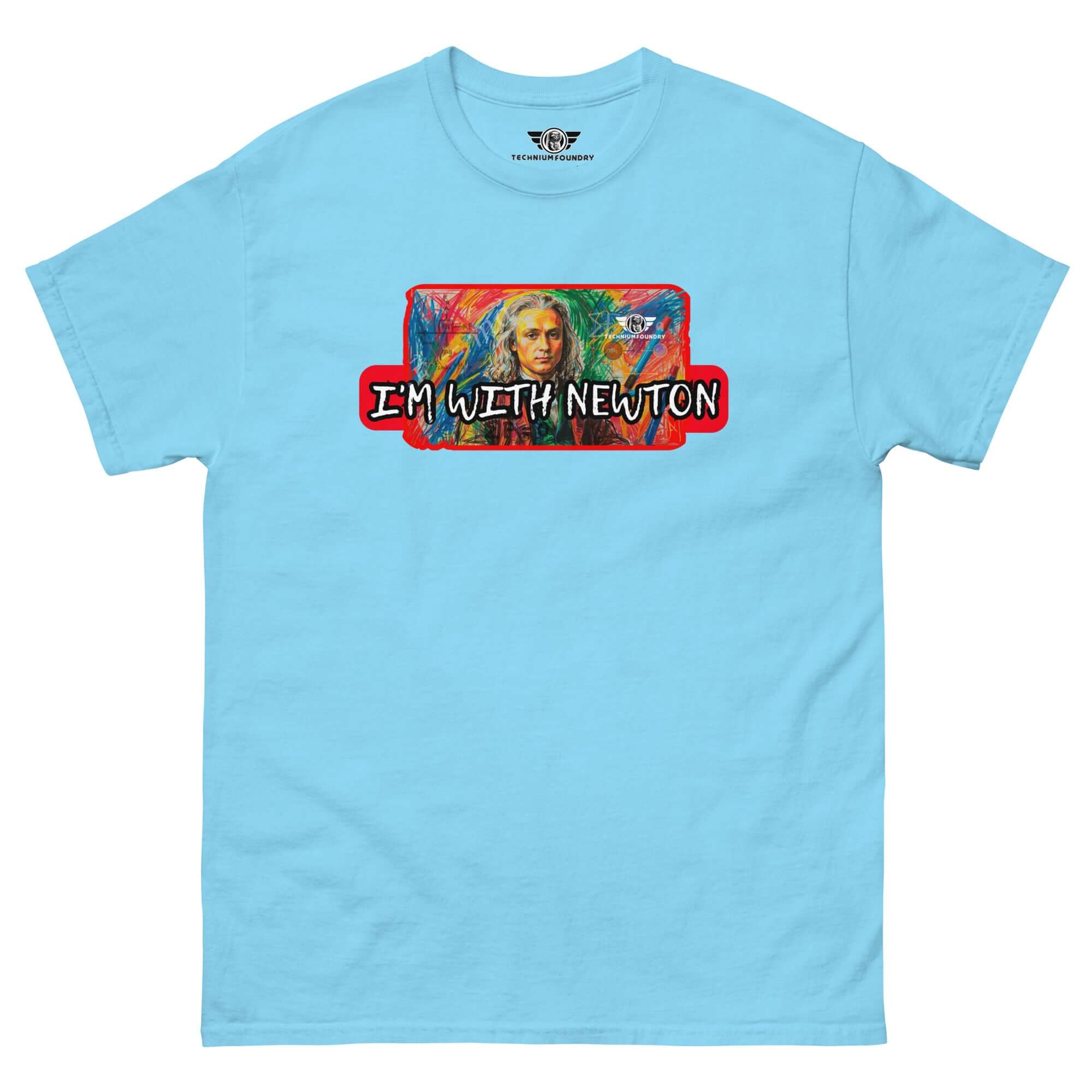 "I'm With Newton" colorful t-shirt featuring Isaac Newton in a pop art style, celebrating classical mechanics.