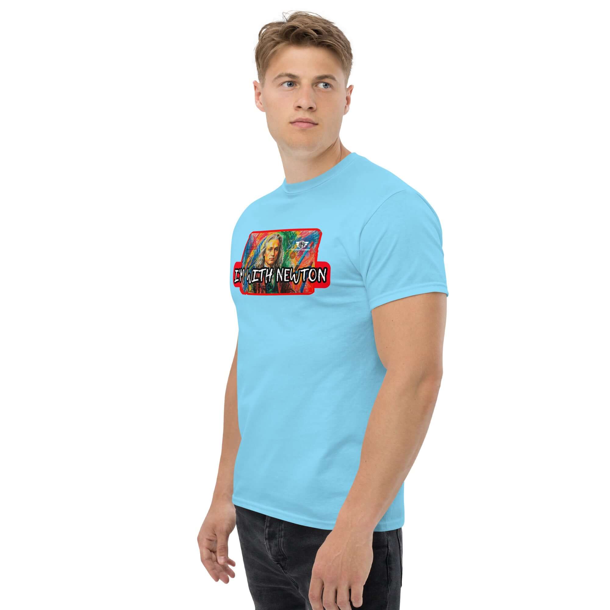Colorful 'I'm With Newton' t-shirt with a vibrant portrait of Isaac Newton in a pop art style, modeled for visual appeal.