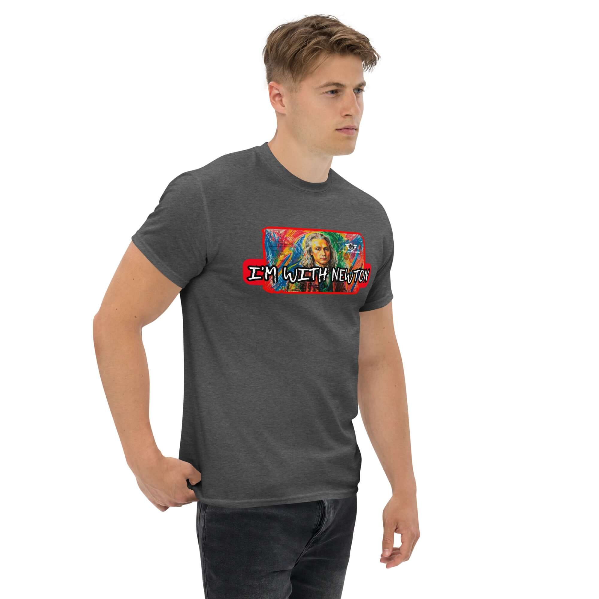 Man wearing 'I'm With Newton' colorful physics portrait t-shirt, showcasing Sir Isaac Newton in pop art style.