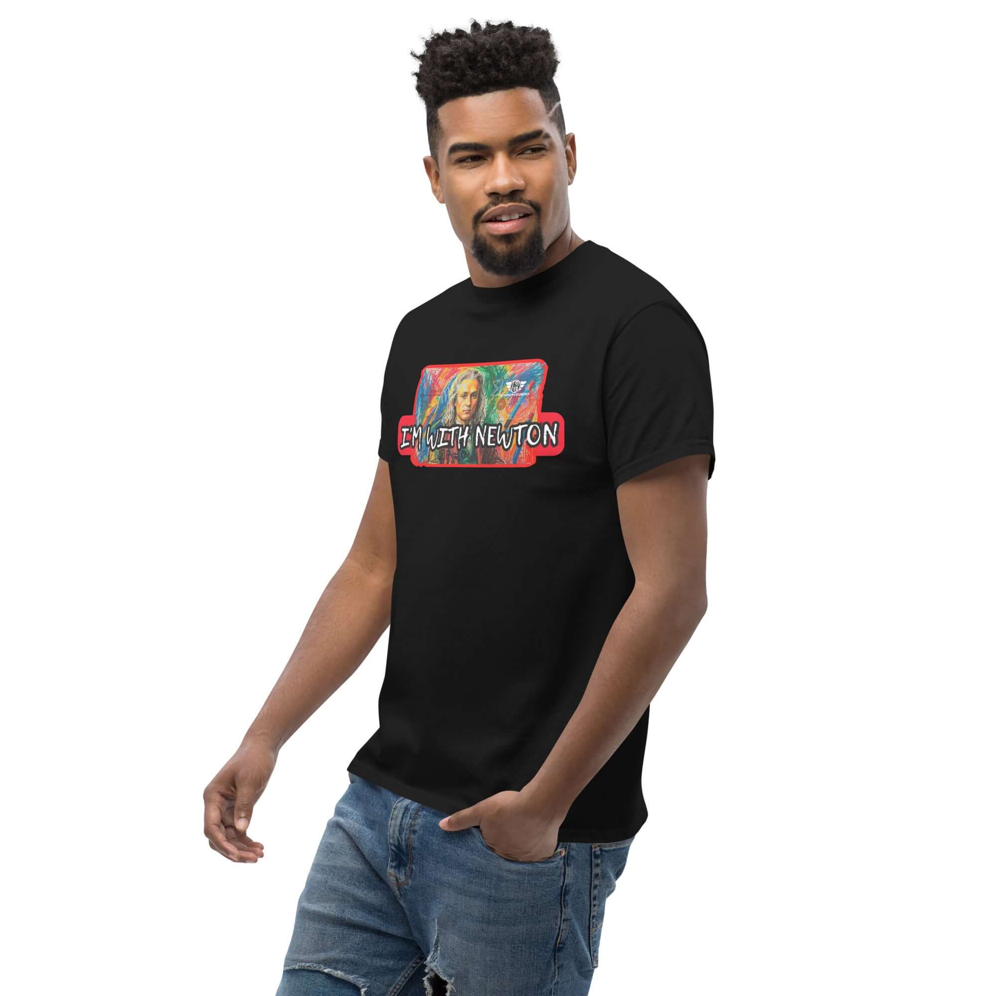 Colorful "I'm With Newton" t-shirt in black, featuring a pop art portrait of Sir Isaac Newton from classical mechanics.