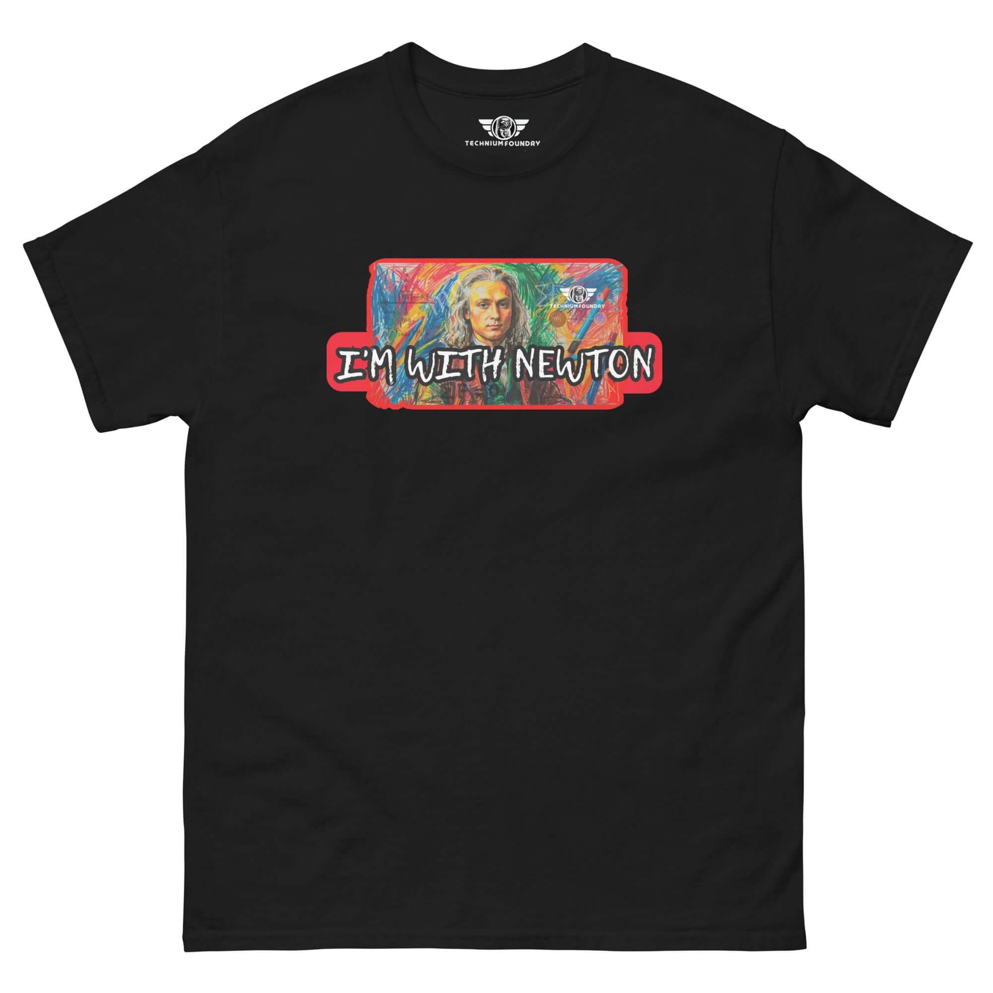 Black t-shirt featuring colorful pop art portrait of Isaac Newton with 'I'm With Newton' text, blending physics and modern style.