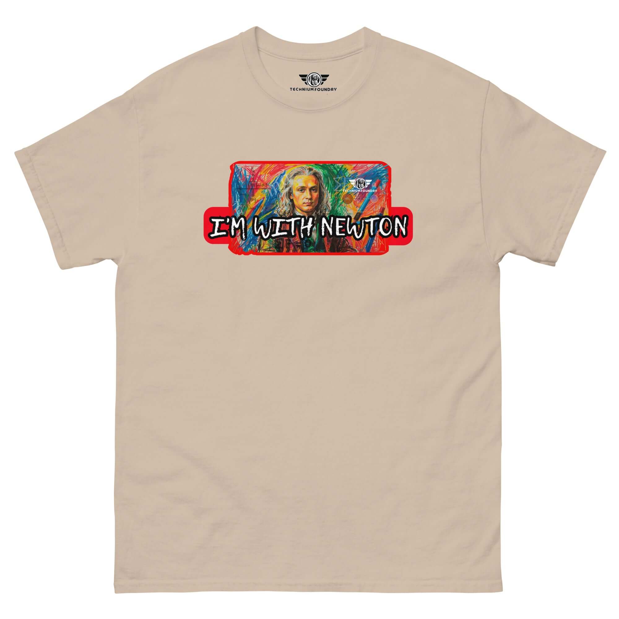 I'm With Newton colorful physics portrait t-shirt featuring Isaac Newton in pop art style on beige fabric.