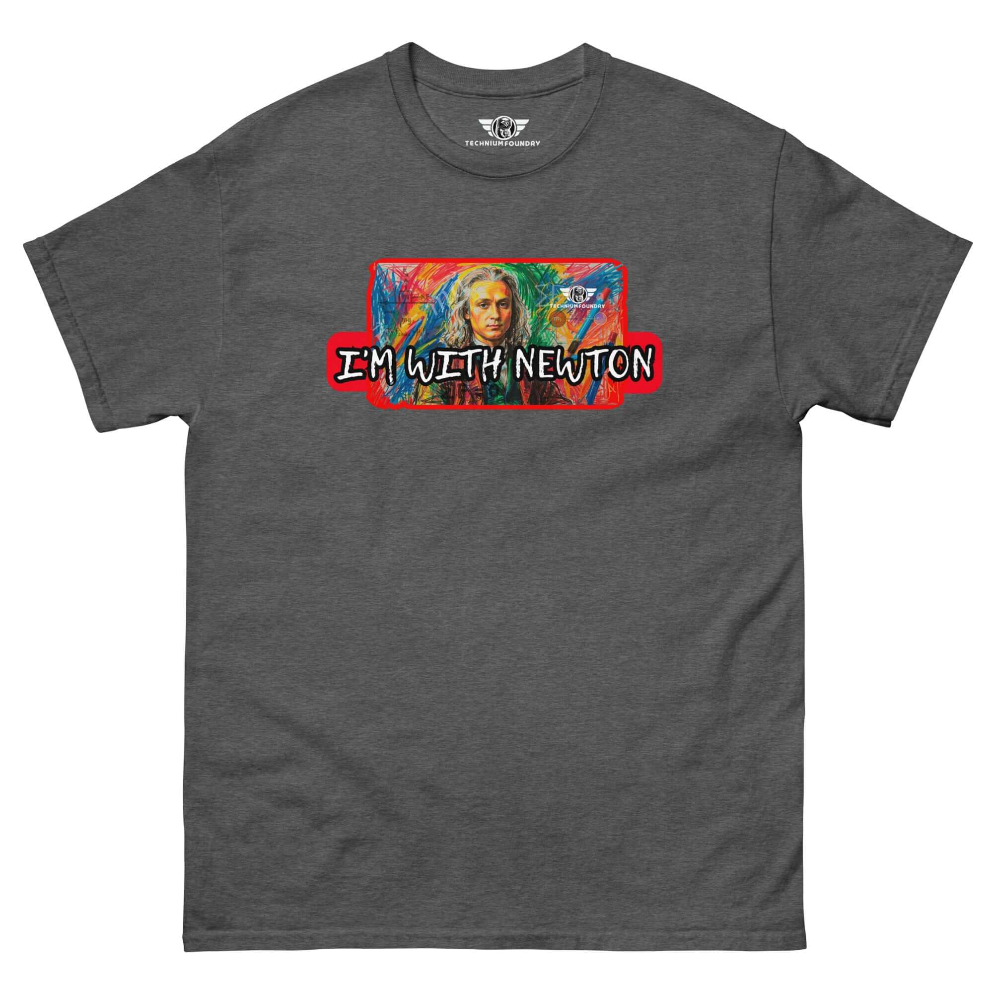 "I'm With Newton" t-shirt featuring colorful Newton portrait in pop art style, celebrating classical mechanics.