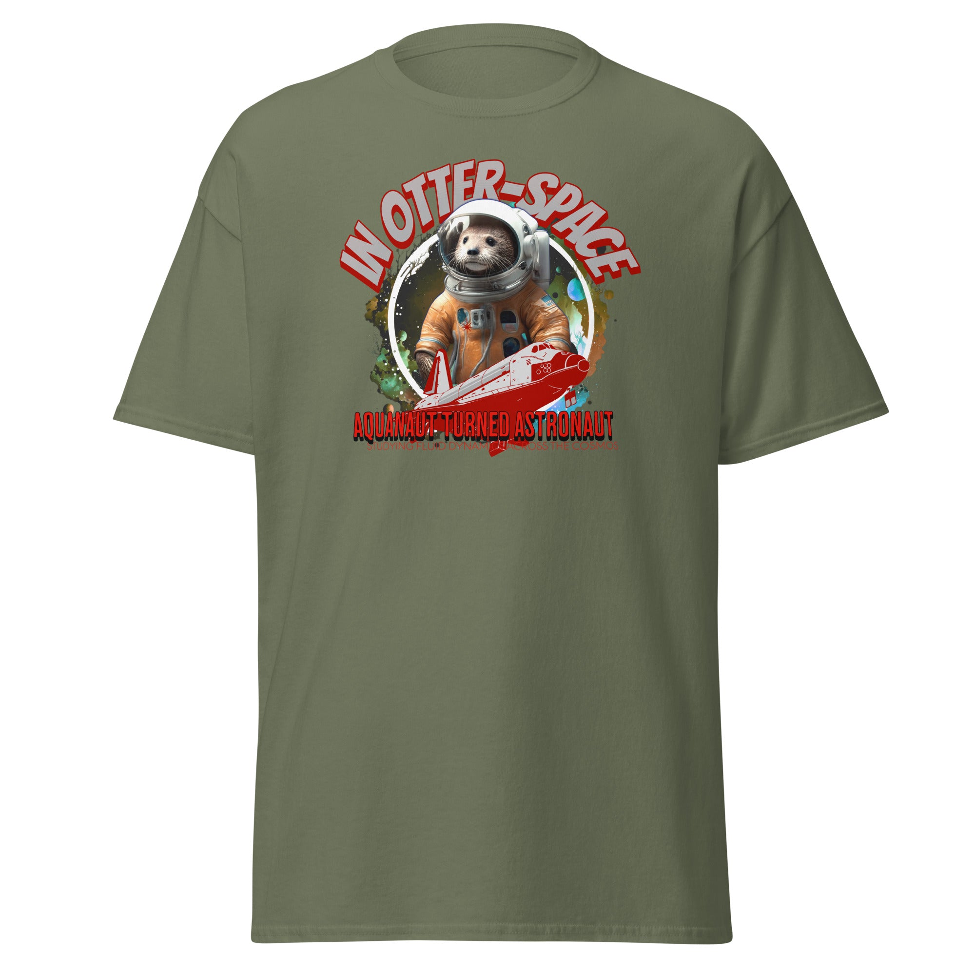 In Otter Space T-Shirt featuring an otter astronaut in an orange spacesuit, cosmic background, and text 'Aquanaut Turned Astronaut'