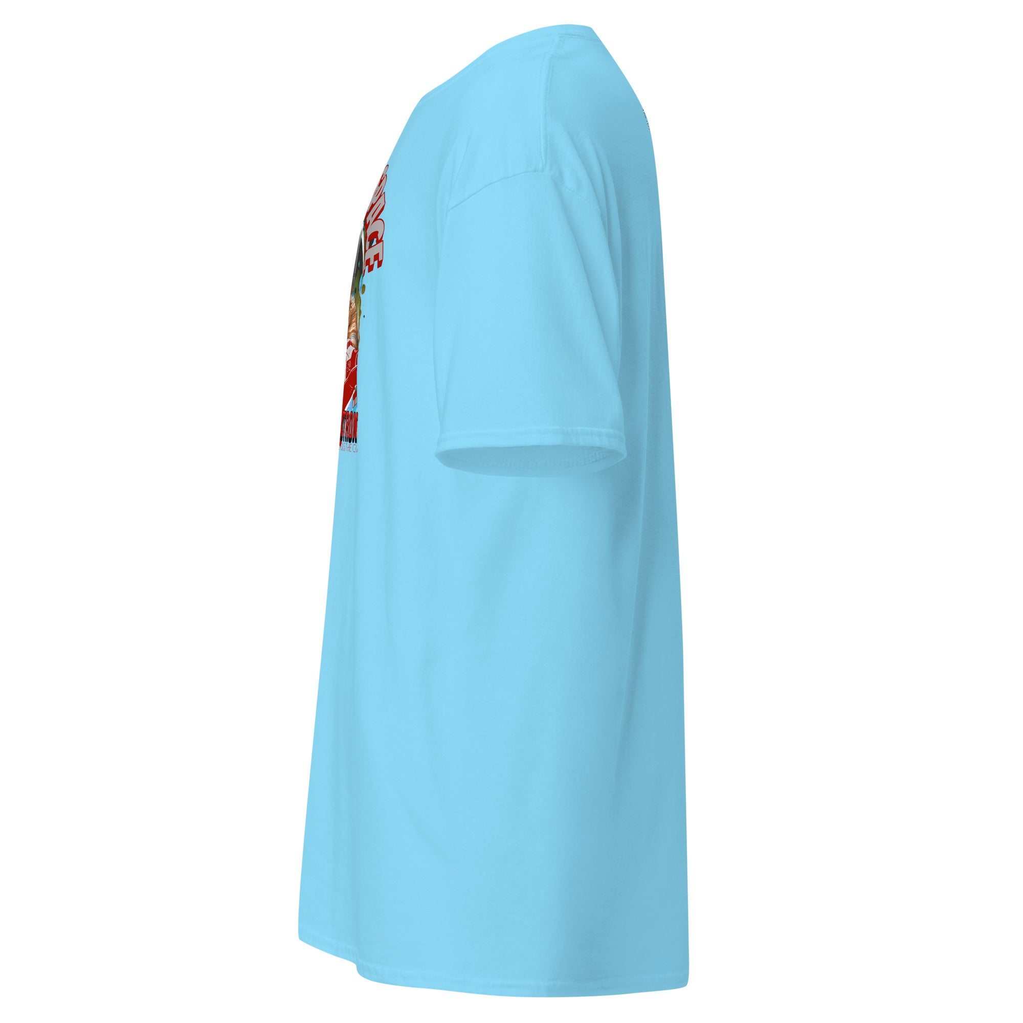 Side view of light blue t-shirt featuring an otter astronaut design, with text "IN OTTER SPACE" and "AQUANAUT TURNED ASTRONAUT".