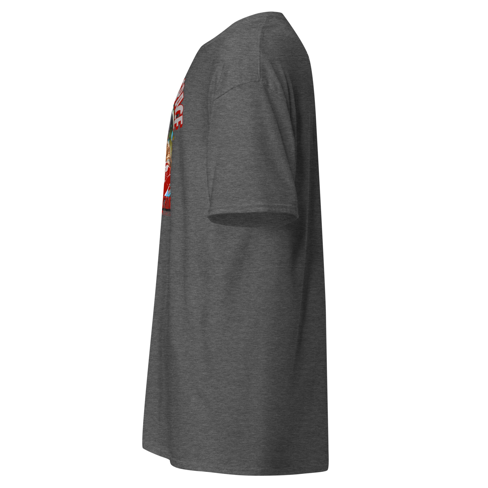 Side view of "In Otter Space" T-shirt showcasing playful space-themed design, featuring otter astronaut in spacesuit on grey fabric.