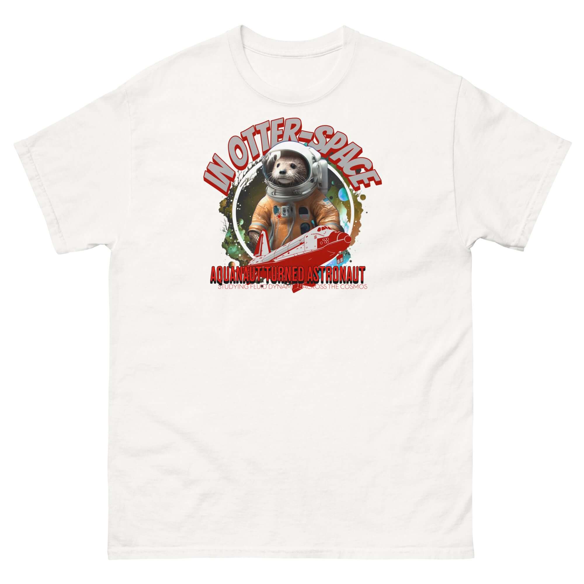 Otter astronaut graphic t-shirt with "In Otter Space: Aquanaut Turned Astronaut" text, featuring cosmic background and space shuttle.