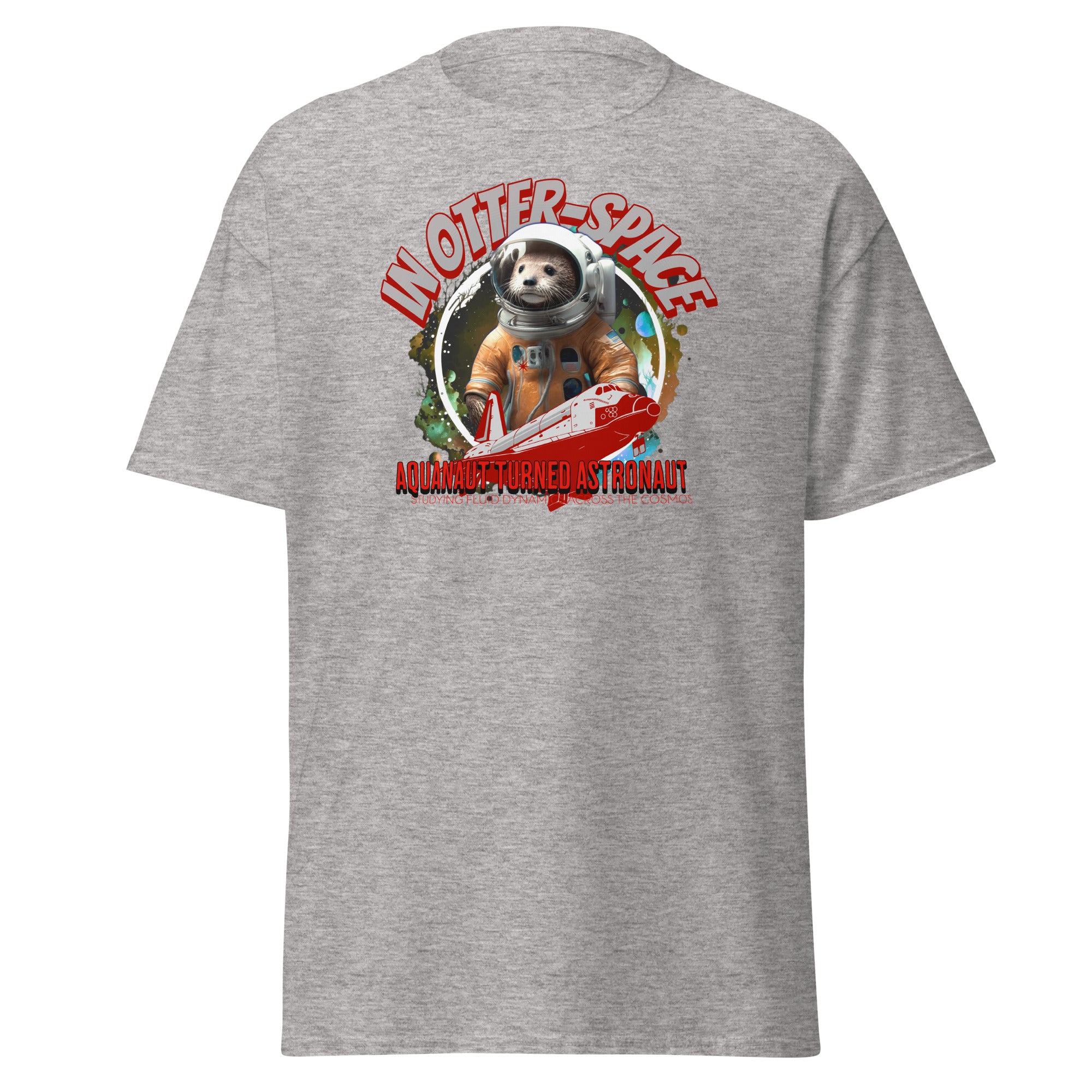 Gray t-shirt with an otter astronaut design in a NASA-style suit, titled 'In Otter Space: Aquanaut Turned Astronaut' with a space shuttle.