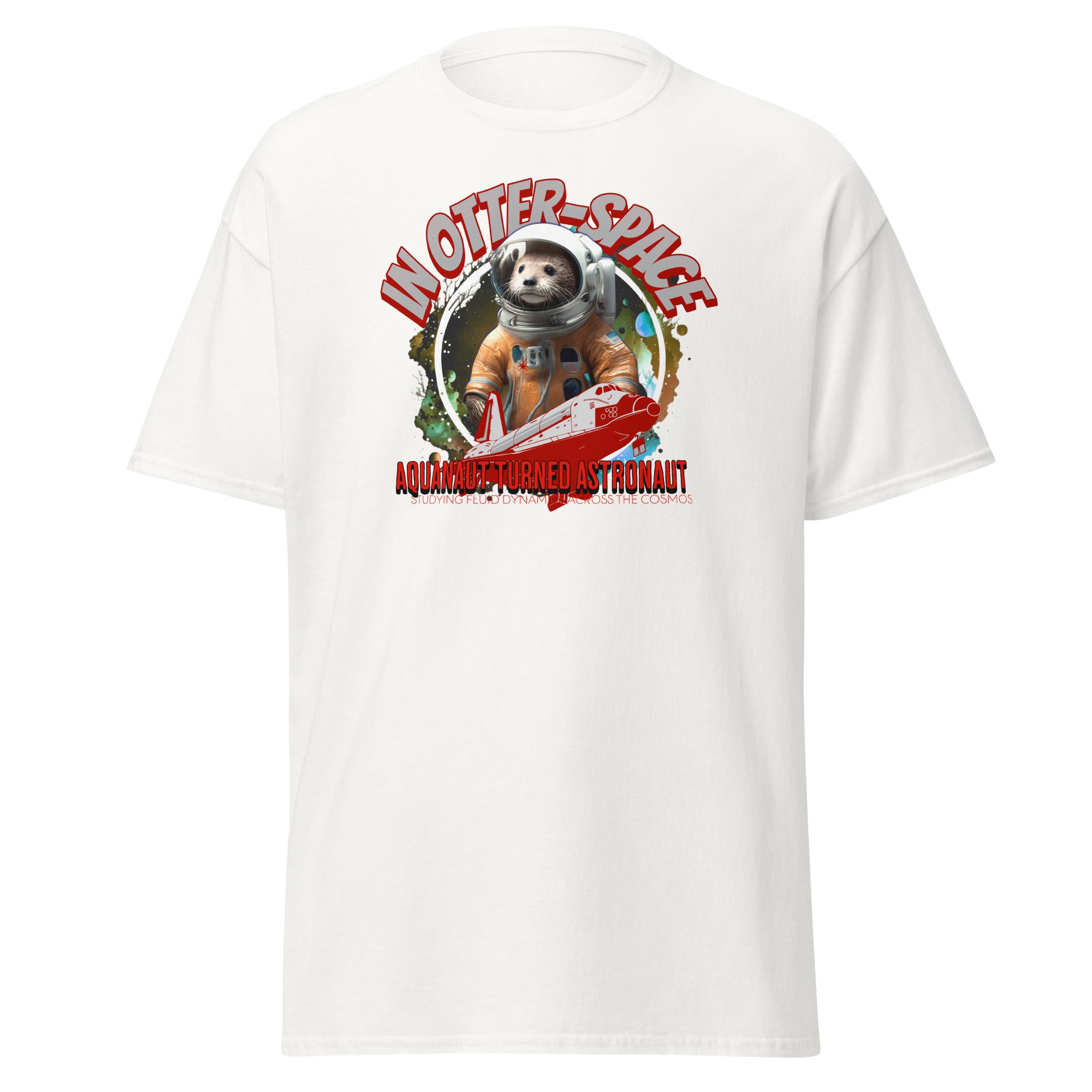 White t-shirt with an otter astronaut design, featuring "In Otter Space" text and "Aquanaut Turned Astronaut" slogan with cosmic background.