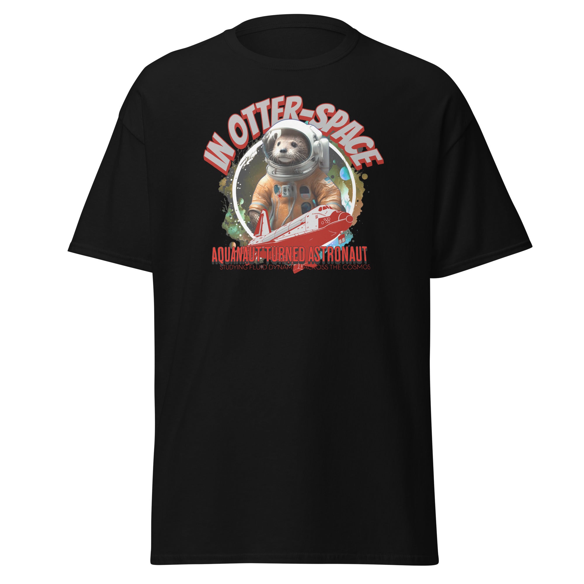 Black t-shirt featuring an otter astronaut in an orange spacesuit with the text 'In Otter Space: Aquanaut Turned Astronaut'.