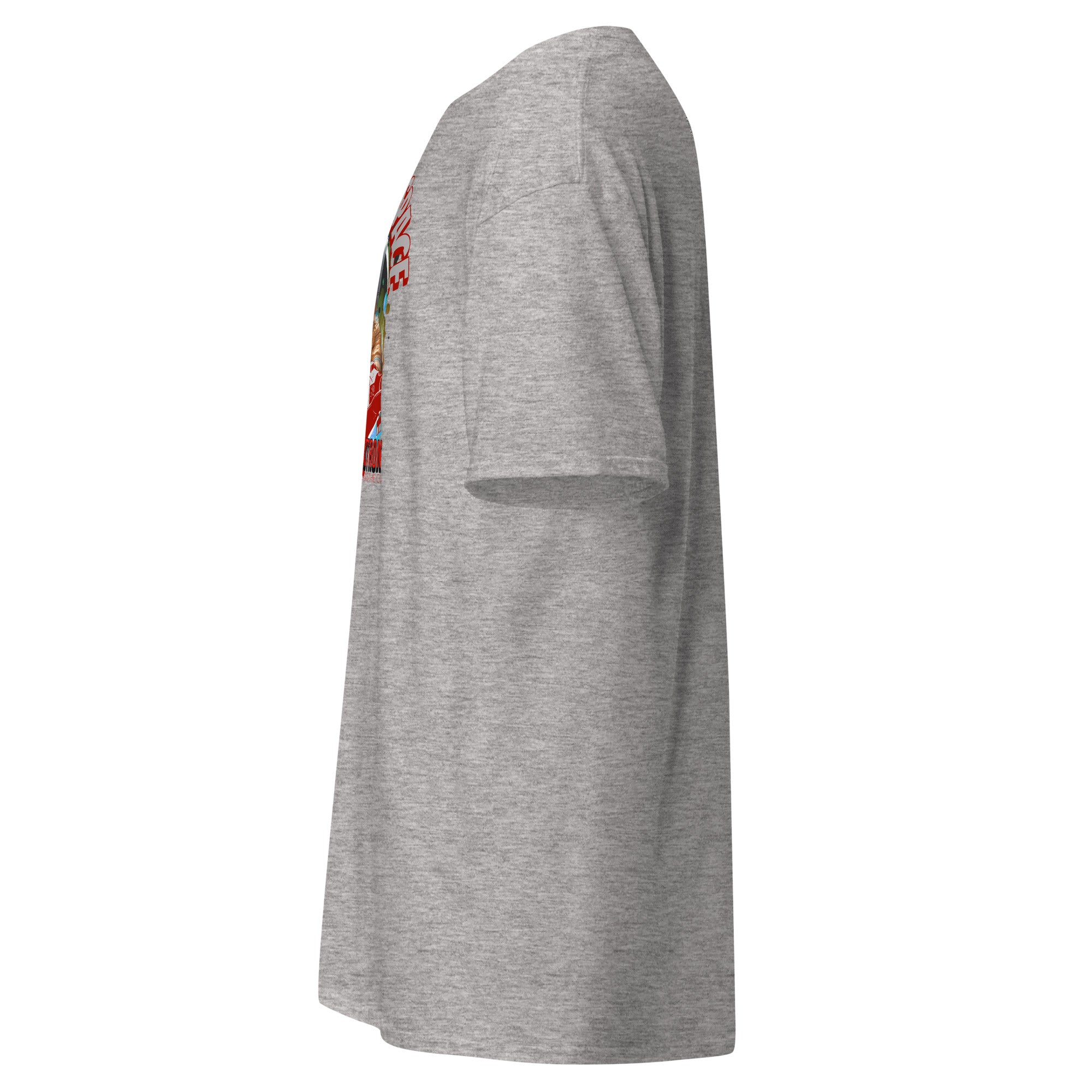 Side view of 'In Otter Space' T-shirt featuring a playful otter astronaut design on gray fabric.